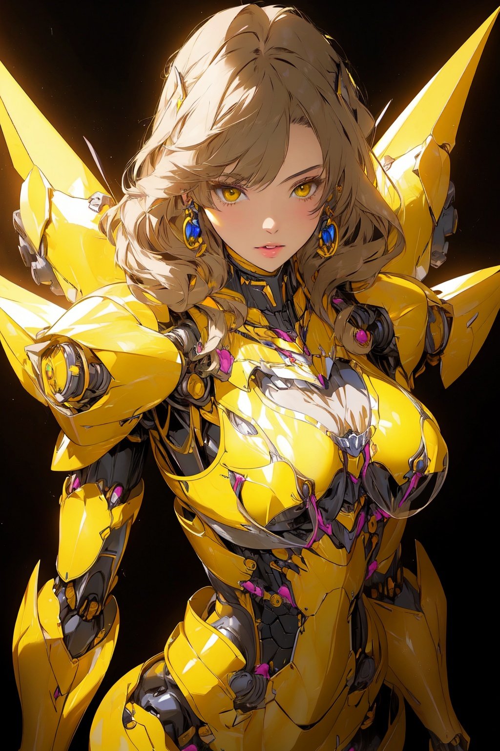 best quality, masterpiece, 1girl, yellow mecha body, big breasts, (Chest armor:1.3),  shinny, standing, <lora:jixieji-000007:0.8>,