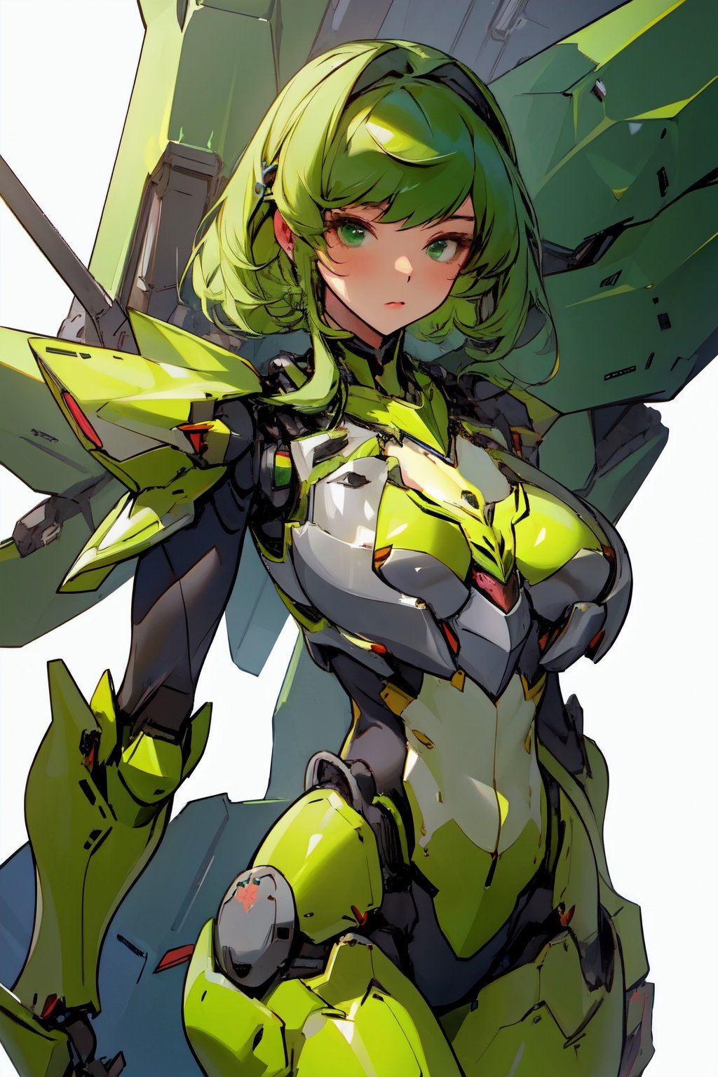 best quality, masterpiece, 1girl, green mecha body, big breasts, (Chest armor:1.3),  shinny, standing, <lora:jixieji-000007:0.8>,