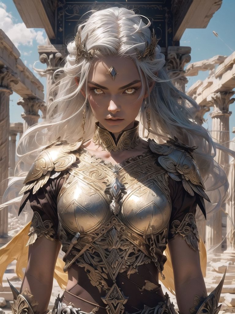 (1 valkyrie warrior girl, solo, long delicated silver hair, bright golden eyes, stunning detailed white armature with golden filigree decoration, impressive strong, proud look, looking straight), walking straight, abandoned destroyed greek temple location, earthquake effect, debri rocks floating, r1ge, close-up upper body