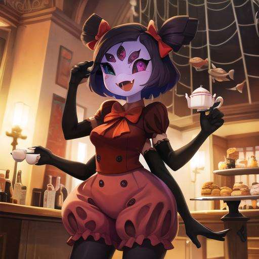 masterpiece, best quality, a beautiful and detailed portriat of muffet,(muffetwear), monster girl,((purple body:1.3)),humanoid, arachnid, anthro,((fangs)),pigtails,hair bows,5 eyes,spider girl,6 arms,solo,smile, clothed, open mouth, awesome and detailed background, holding teapot, holding teacup, 6 hands,detailed hands,((spider webs:1.4)), storefront that sells pastries and tea,bloomers,(red and black clothing),inside,pouring into teacup,wide angle lens, ((fish eye effect)) ,armwear<lora:muffetv3:1>