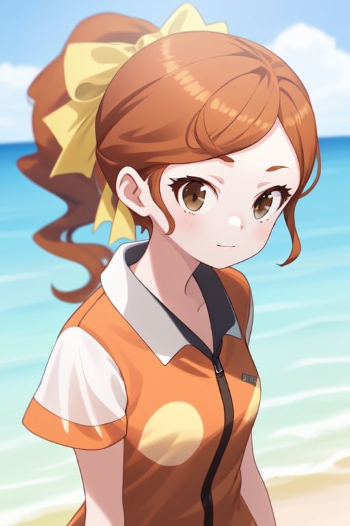 1girl, Orange brown hair, ponytail, gray eyes, summer clothes