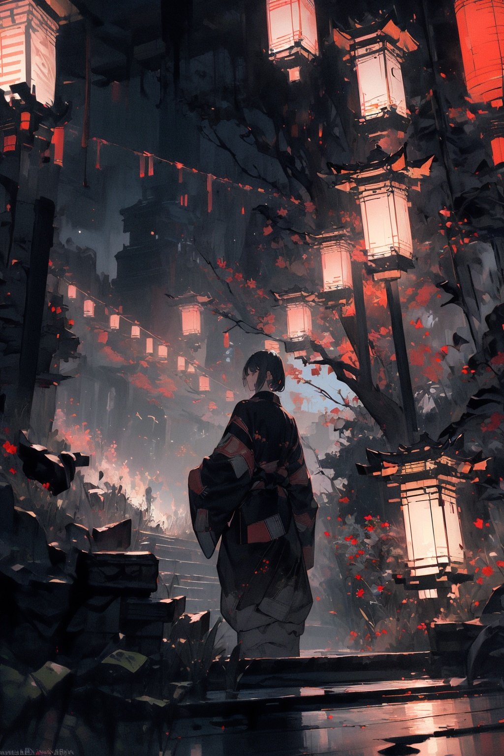 (masterpiece:1.2), best quality,realistic,Tyndall effect,night, lantern, tree, scenery, outdoors, 1boy, solo, black hair, japanese clothes, from behind, male focus, standing, east asian architecture, architecture, sky, night sky, stairs, facing away, <lora:ghostdom_20230621222536-000019:1>