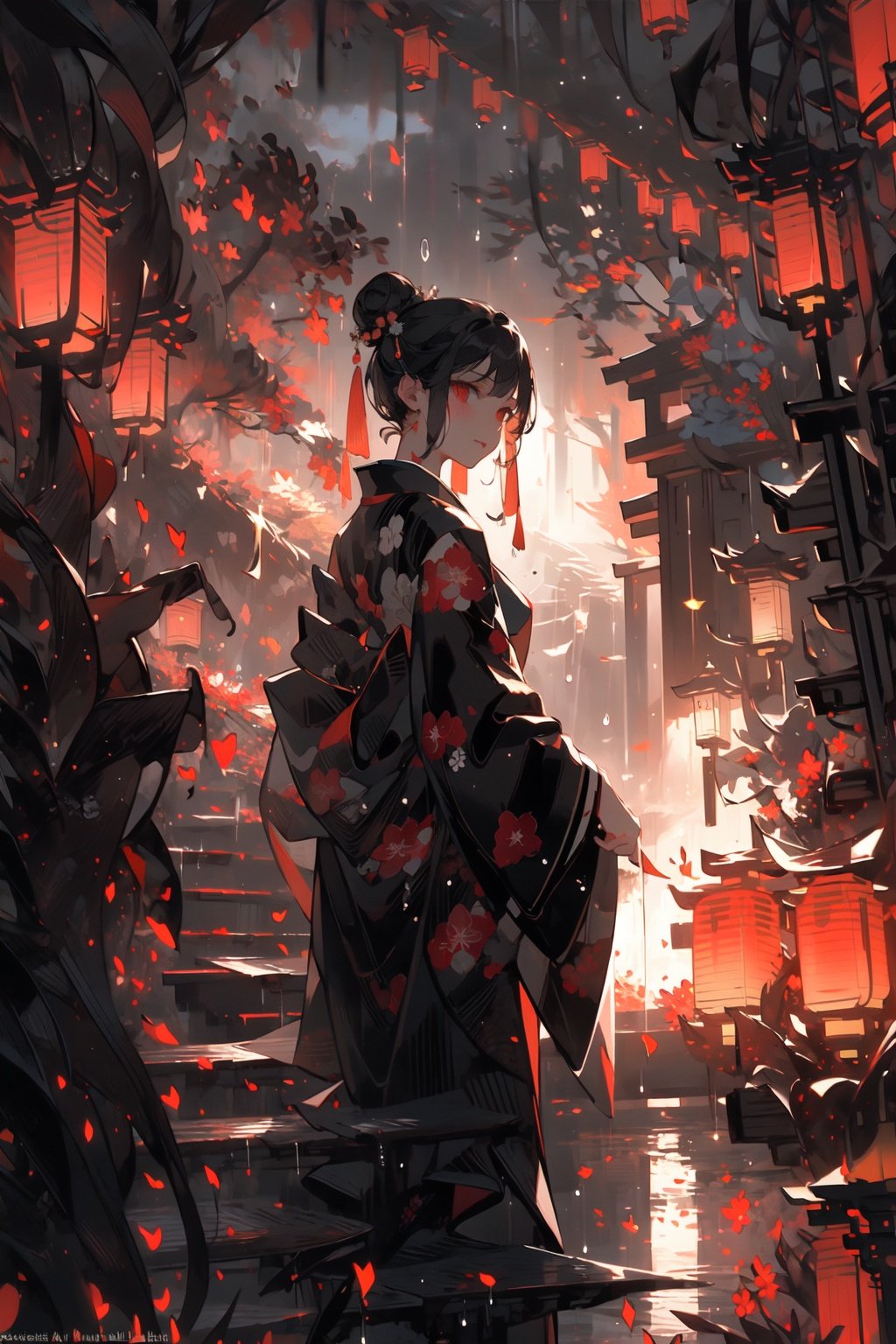 (masterpiece:1.2), best quality,realistic,Tyndall effect,1girl, lantern, rain, solo, japanese clothes, kimono, standing, outdoors, night, hair bun, paper lantern, black kimono, single hair bun, scenery, water, from behind, wide sleeves, artist name, holding, long sleeves <lora:ghostdom_20230621222536-000016:1> <lora:Chinese style_20230608155715-000010:0.5>