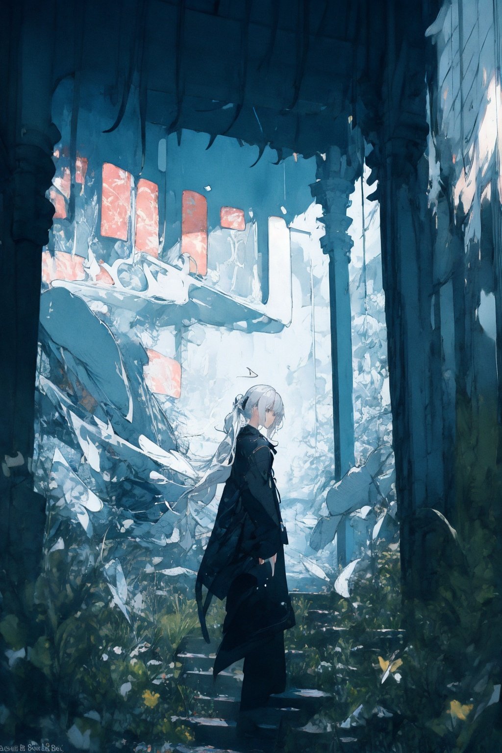 (masterpiece:1.2), best quality,realistic,Tyndall effect,1girl, scenery, solo, stairs, long hair, ruins, standing, from behind, outdoors, artist name, white hair, wide shot, overgrown, facing away,Red lycoris, <lora:ghostdom_20230621222536-000018:1>