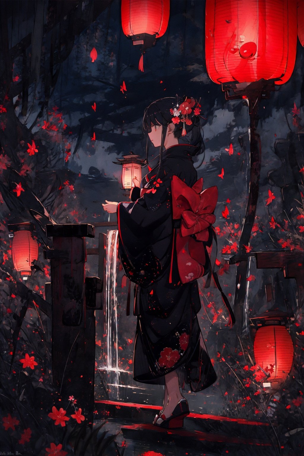 (masterpiece:1.2), best quality,PIXIV,1girl, solo, black hair, lantern, water, standing, japanese clothes, outdoors, night, kimono, scenery, paper lantern, long sleeves, long hair, artist name, profile, closed mouth, wide sleeves, white kimono, waterfall, dark,night, <lora:ghostdom_20230621222536-000016:1>