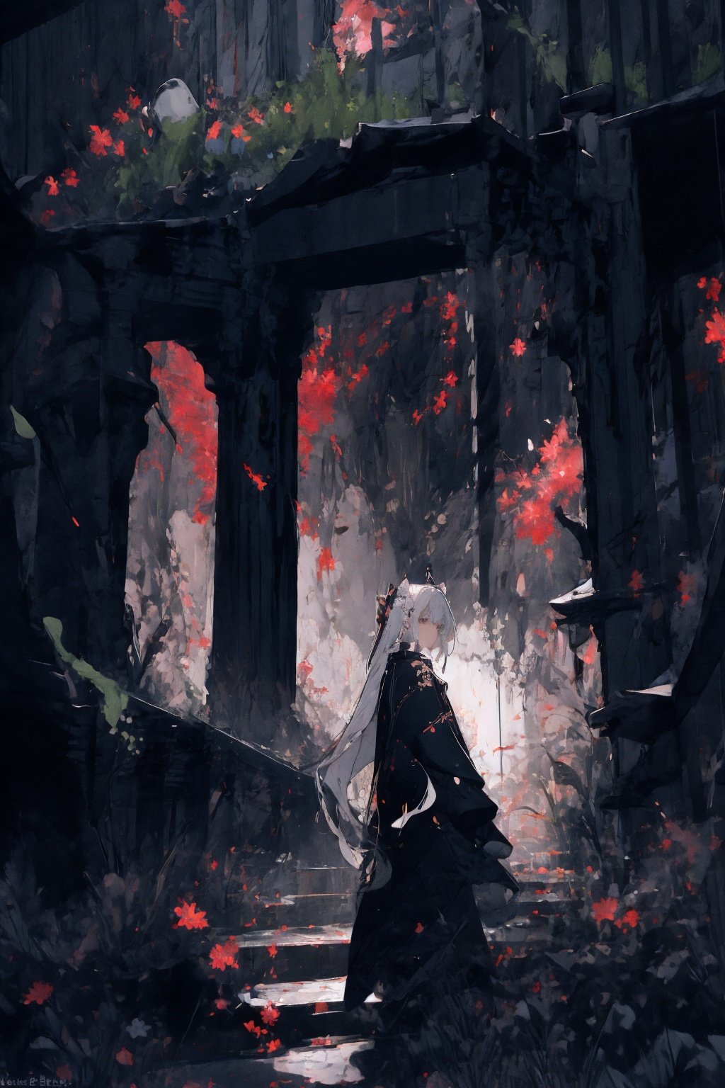 (masterpiece:1.2), best quality,realistic,Tyndall effect,1girl, scenery, solo, stairs, long hair, ruins, standing, from behind, outdoors, artist name, white hair, wide shot, overgrown, facing away,Red lycoris, <lora:ghostdom_20230621222536-000019:1>