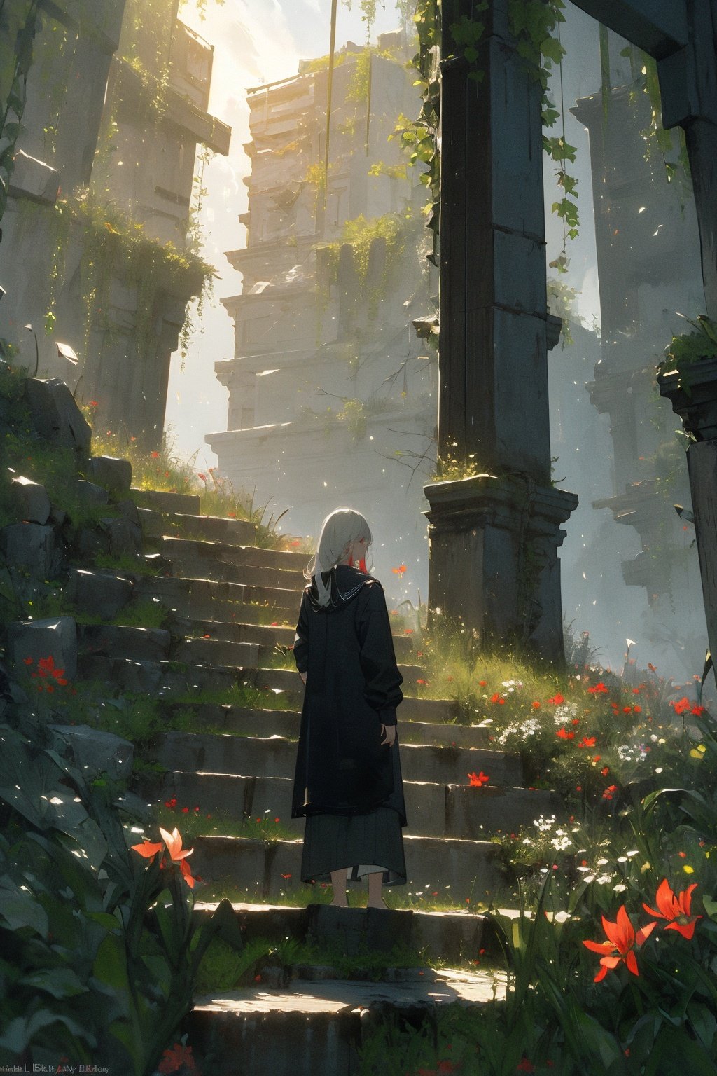 (masterpiece:1.2), best quality,realistic,Tyndall effect,1girl, scenery, solo, stairs, long hair, ruins, standing, from behind, outdoors, artist name, white hair, wide shot, overgrown, facing away,Red lycoris, <lora:ghostdom_20230621222536-000016:1>