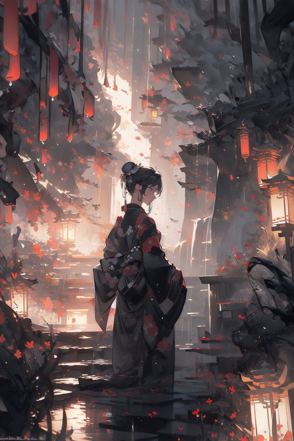 (masterpiece:1.2), best quality,realistic,Tyndall effect,1girl, lantern, rain, solo, japanese clothes, kimono, standing, outdoors, night, hair bun, paper lantern, black kimono, single hair bun, scenery, water, from behind, wide sleeves, artist name, holding, long sleeves <lora:ghostdom_20230621222536-000016:1> <lora:Chinese style_20230608155715-000010:0.5>