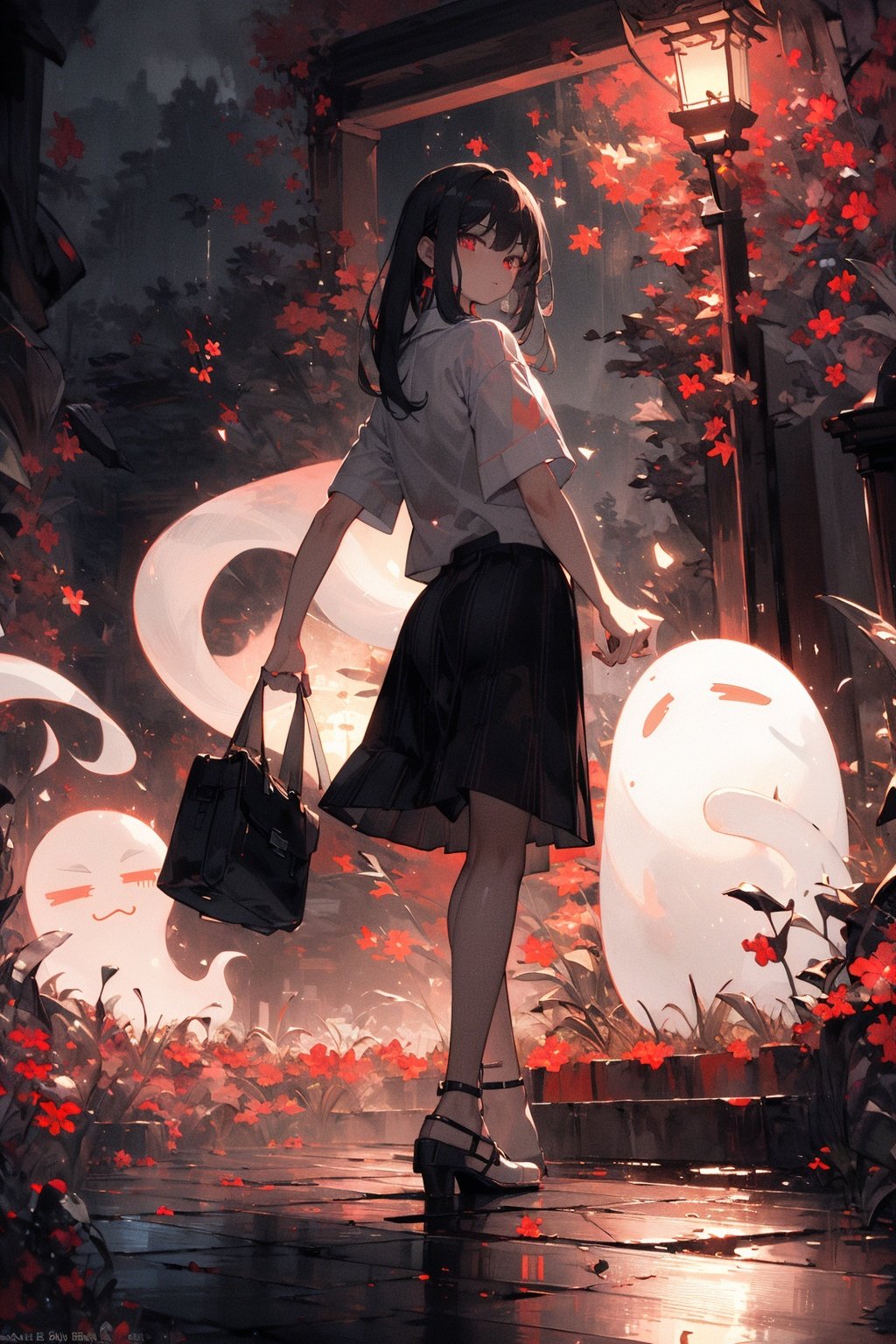 (masterpiece:1.2), best quality,realistic,1girl, black hair, bag, looking at viewer, monster, indoors, glowing, standing, white footwear, glowing eyes, short sleeves, shoes, bangs, skirt, shirt, closed mouth, white shirt, holding, medium hair, artist name, tiles, long hair, red eyes, looking back, solo focus,ghost,  <lora:ghostdom_20230621222536-000016:1>