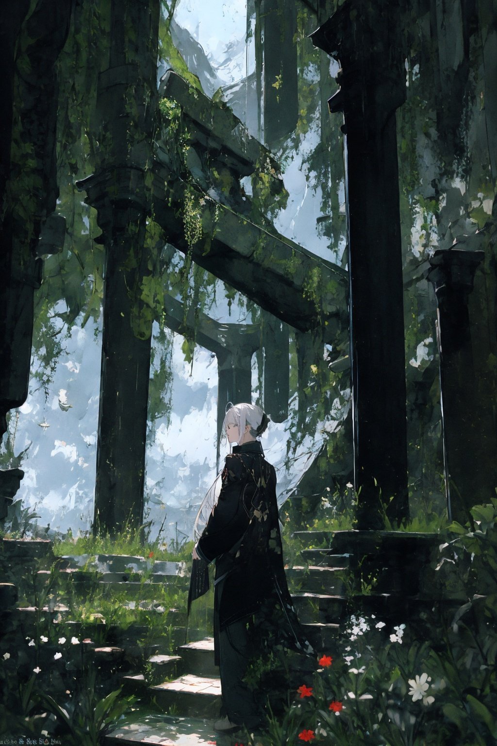 (masterpiece:1.2), best quality,realistic,1girl, scenery, solo, stairs, long hair, ruins, standing, from behind, outdoors, artist name, white hair, wide shot, overgrown, facing away,Red lycoris,backlight, <lora:ghostdom_20230621222536-000016:1>