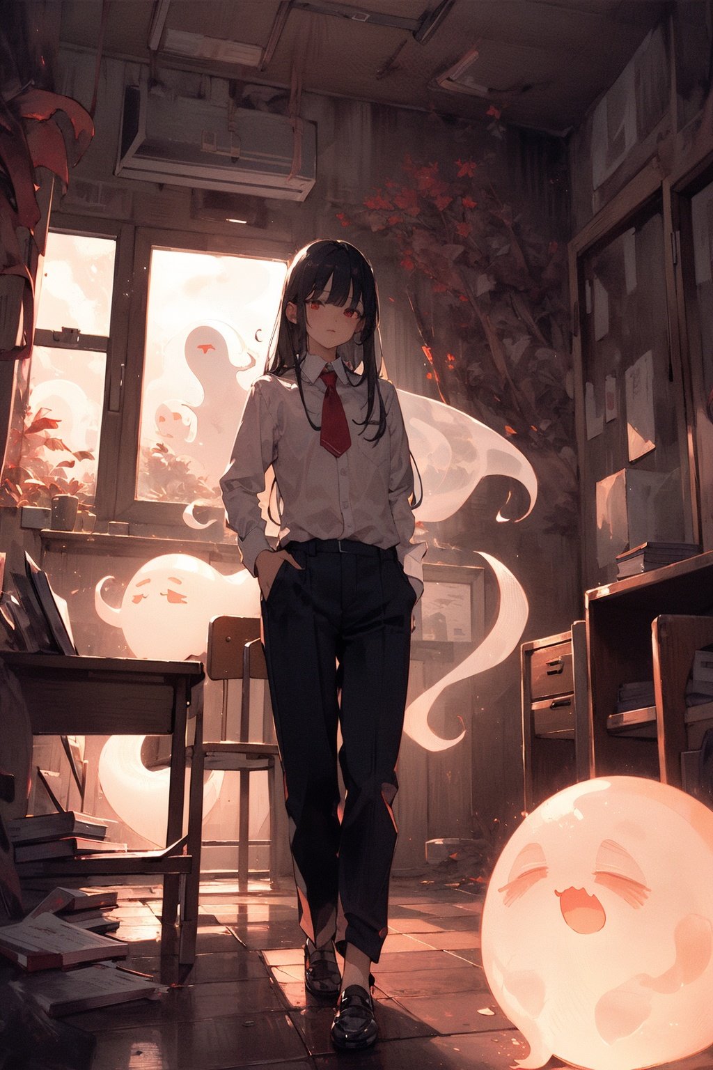 (masterpiece:1.2), best quality,realistic,ghostdom,1girl, long hair, black hair, indoors, red eyes, window, looking at viewer, chair, solo, ghost, standing, shirt, desk, bangs, pants, long sleeves, closed mouth, white shirt, collared shirt, horror (theme), classroom, book,ghost, <lora:ghostdom_20230621222536-000016:1>