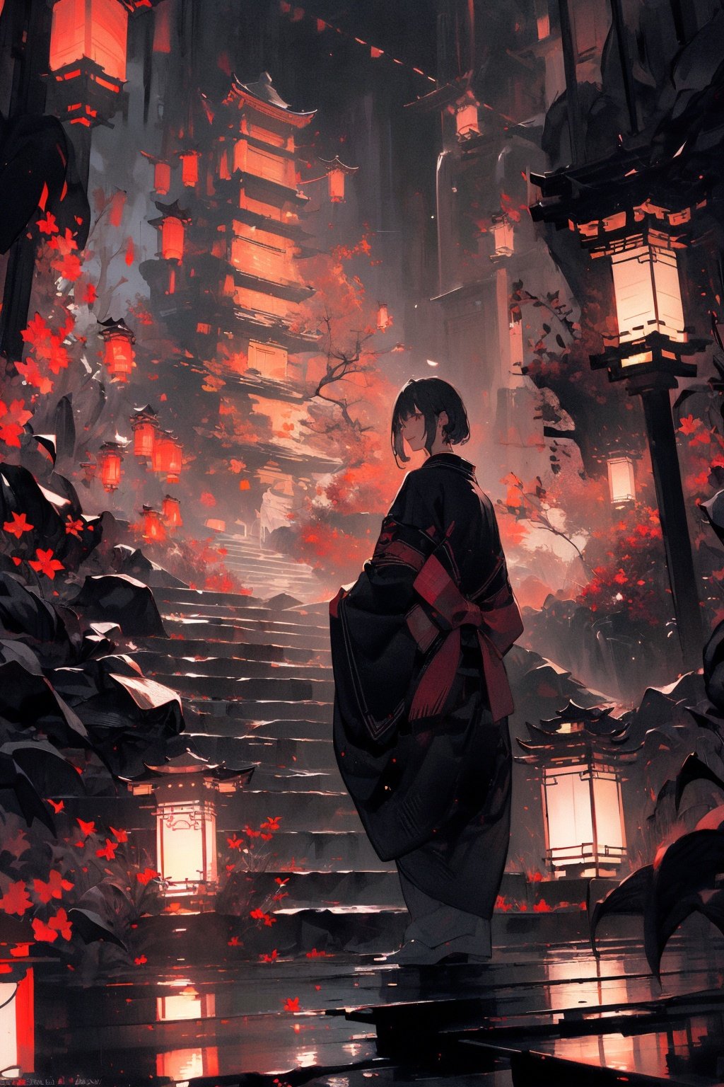 (masterpiece:1.2), best quality,realistic,Tyndall effect,night, lantern, tree, scenery, outdoors, 1boy, solo, black hair, japanese clothes, from behind, male focus, standing, east asian architecture, architecture, sky, night sky, stairs, facing away,Red lycoris, <lora:ghostdom_20230621222536-000019:1>