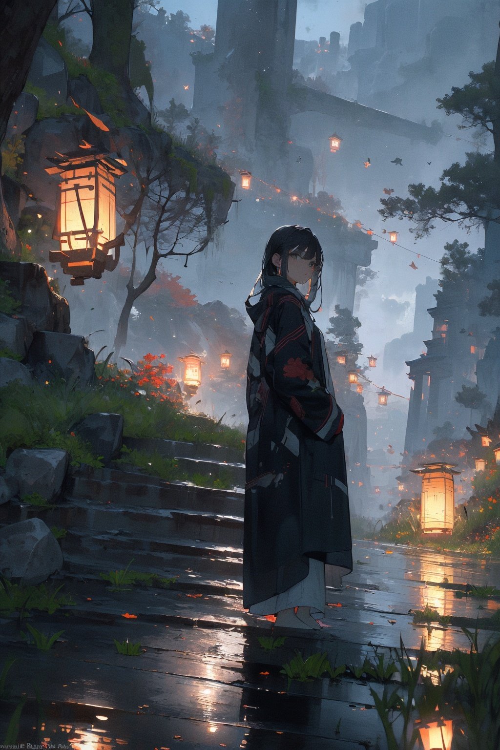 (masterpiece:1.2), best quality,realistic,Tyndall effect,lantern, 1girl, outdoors, scenery, bird, night, grass, solo, black hair, artist name, sky, standing, water, tree, rock, building, paper lantern, night sky <lora:ghostdom_20230621222536-000016:1>