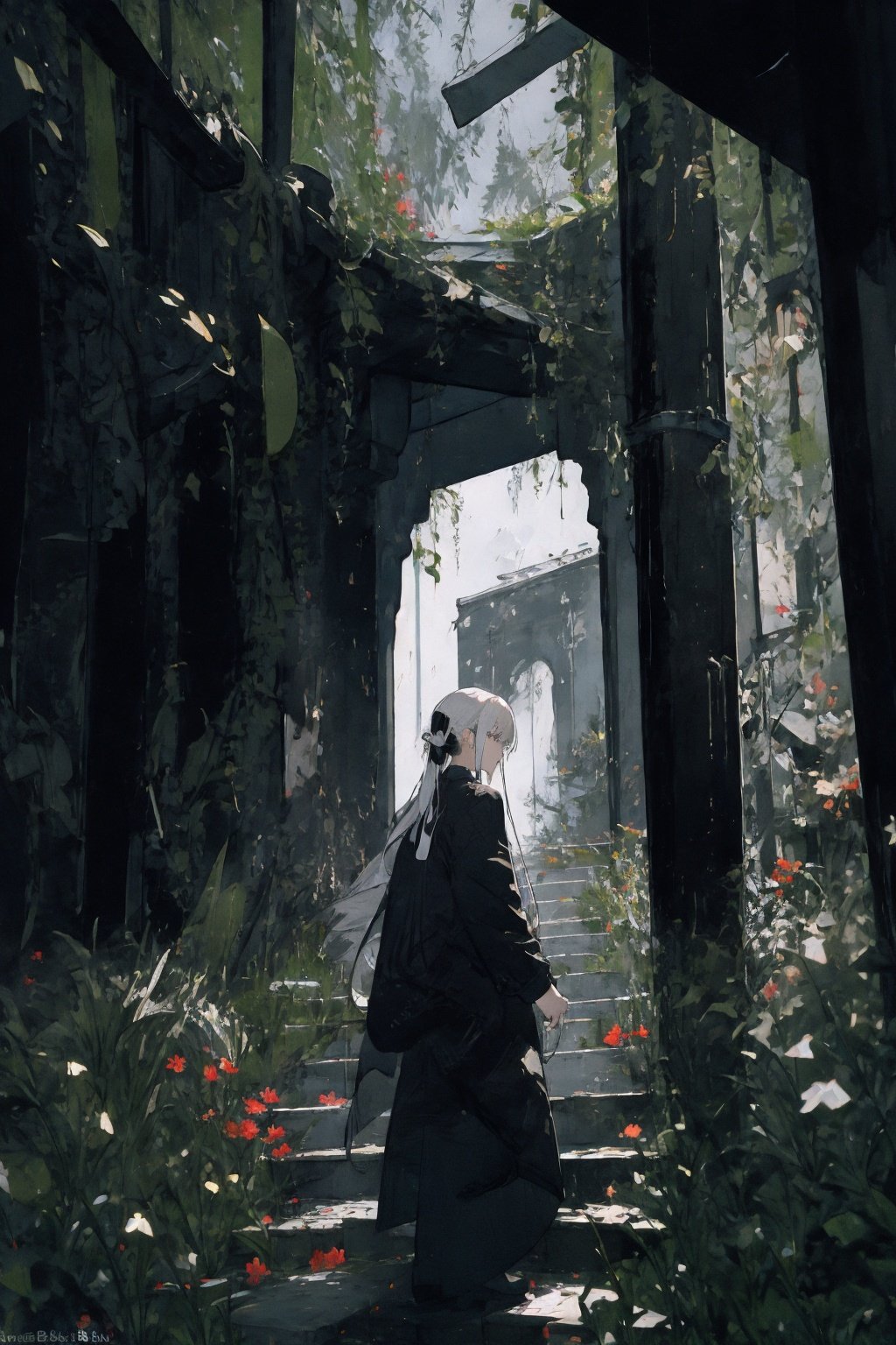 (masterpiece:1.2), best quality,realistic,Tyndall effect,1girl, scenery, solo, stairs, long hair, ruins, standing, from behind, outdoors, artist name, white hair, wide shot, overgrown, facing away,Red lycoris, <lora:ghostdom_20230621222536-000016:1>