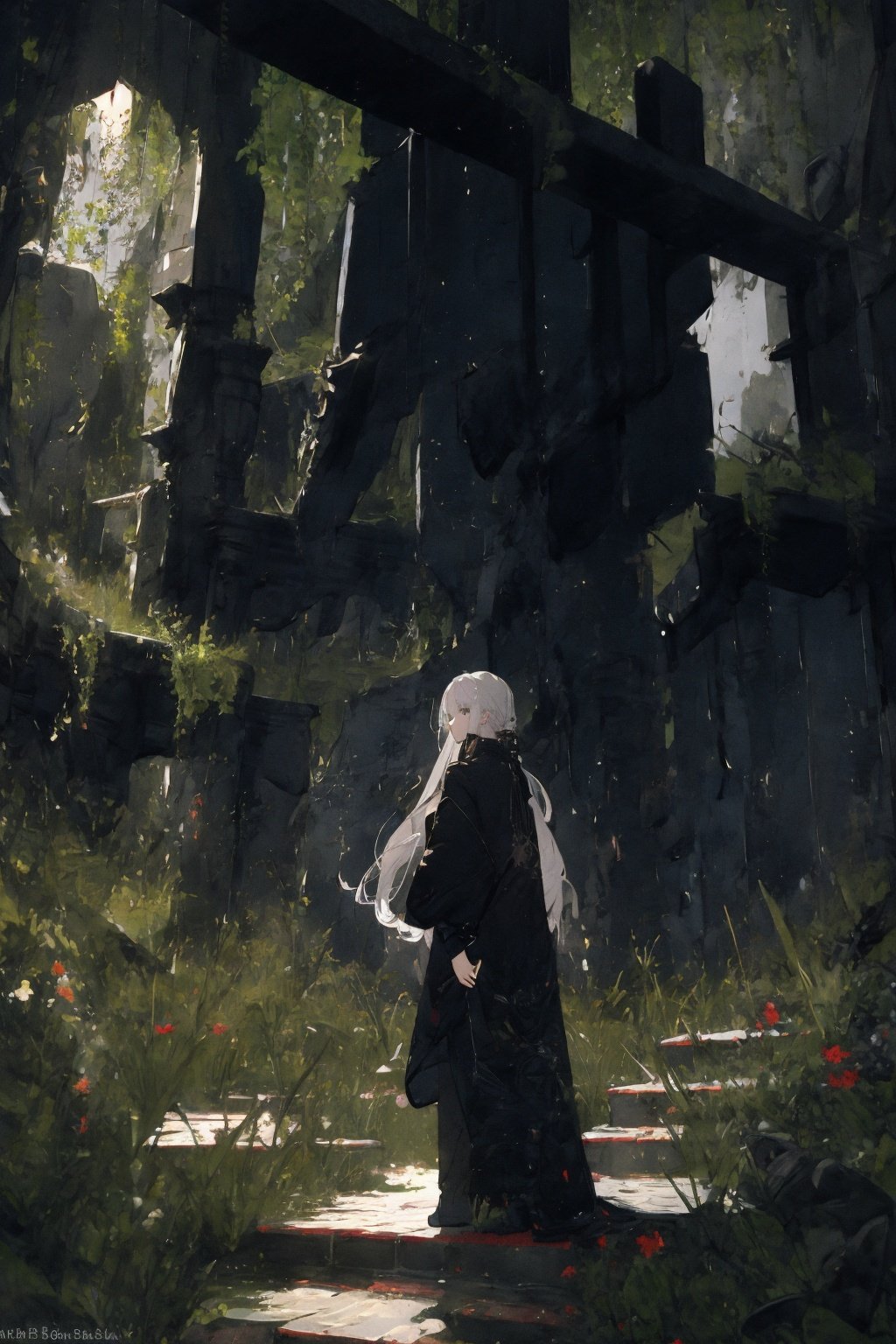 (masterpiece:1.2), best quality,realistic,1girl, scenery, solo, stairs, long hair, ruins, standing, from behind, outdoors, artist name, white hair, wide shot, overgrown, facing away <lora:ghostdom_20230621222536-000016:1>