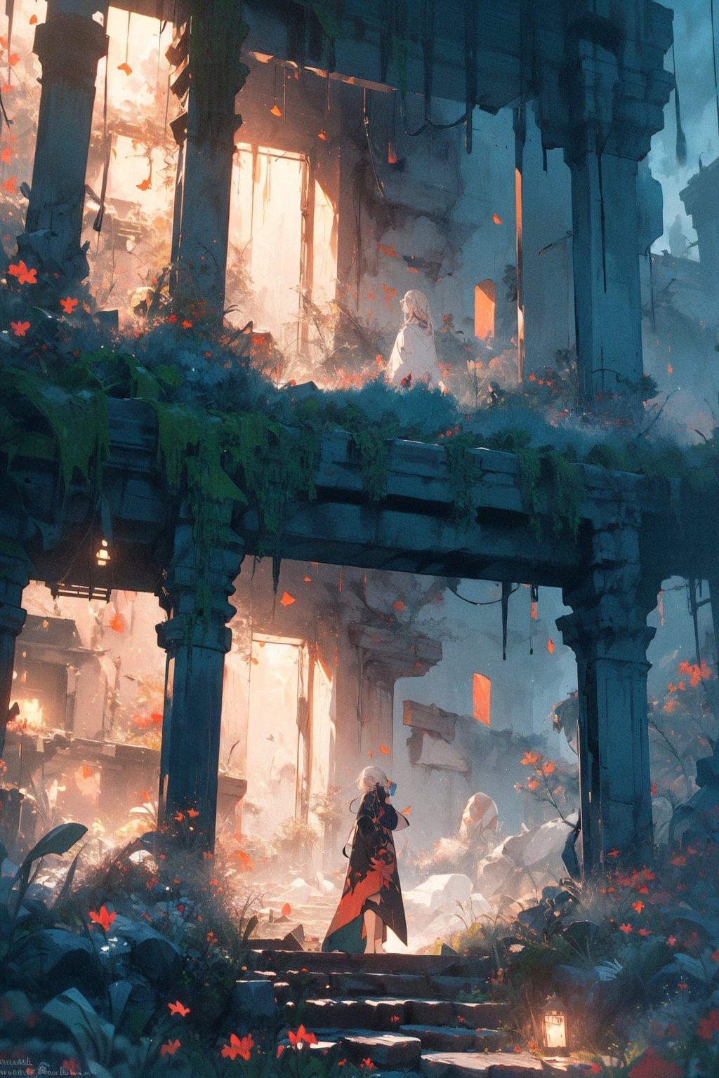 (masterpiece:1.2), best quality,realistic,Tyndall effect,1girl, scenery, solo, stairs, long hair, ruins, standing, from behind, outdoors, artist name, white hair, wide shot, overgrown, facing away,Red lycoris, <lora:ghostdom_20230621222536-000018:1>