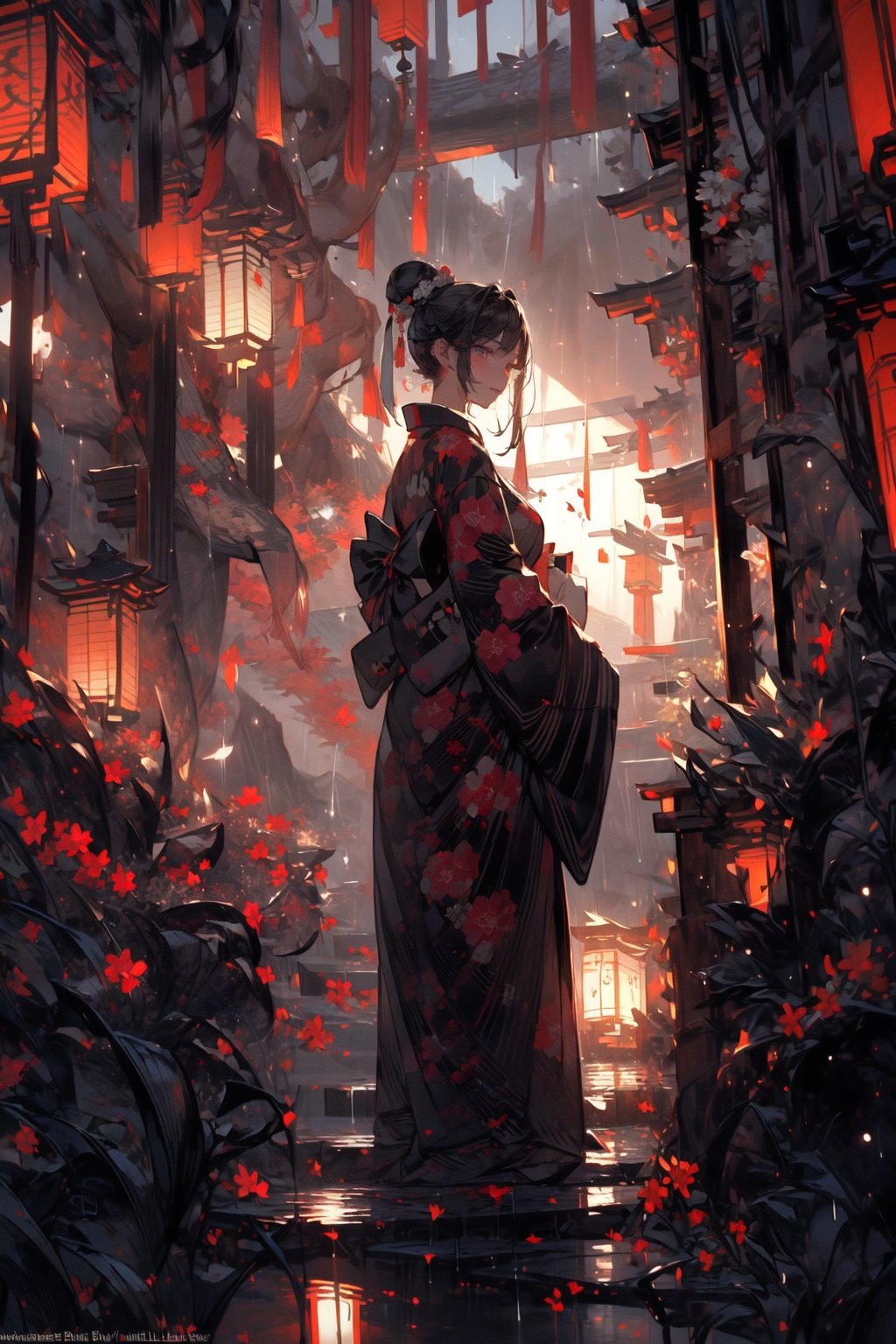 (masterpiece:1.2), best quality,realistic,Tyndall effect,1girl, lantern, rain, solo, japanese clothes, kimono, standing, outdoors, night, hair bun, paper lantern, black kimono, single hair bun, scenery, water, from behind, wide sleeves, artist name, holding, long sleeves <lora:ghostdom_20230621222536-000016:1> <lora:Chinese style_20230608155715-000010:0.5> <lora:add_detail:1>