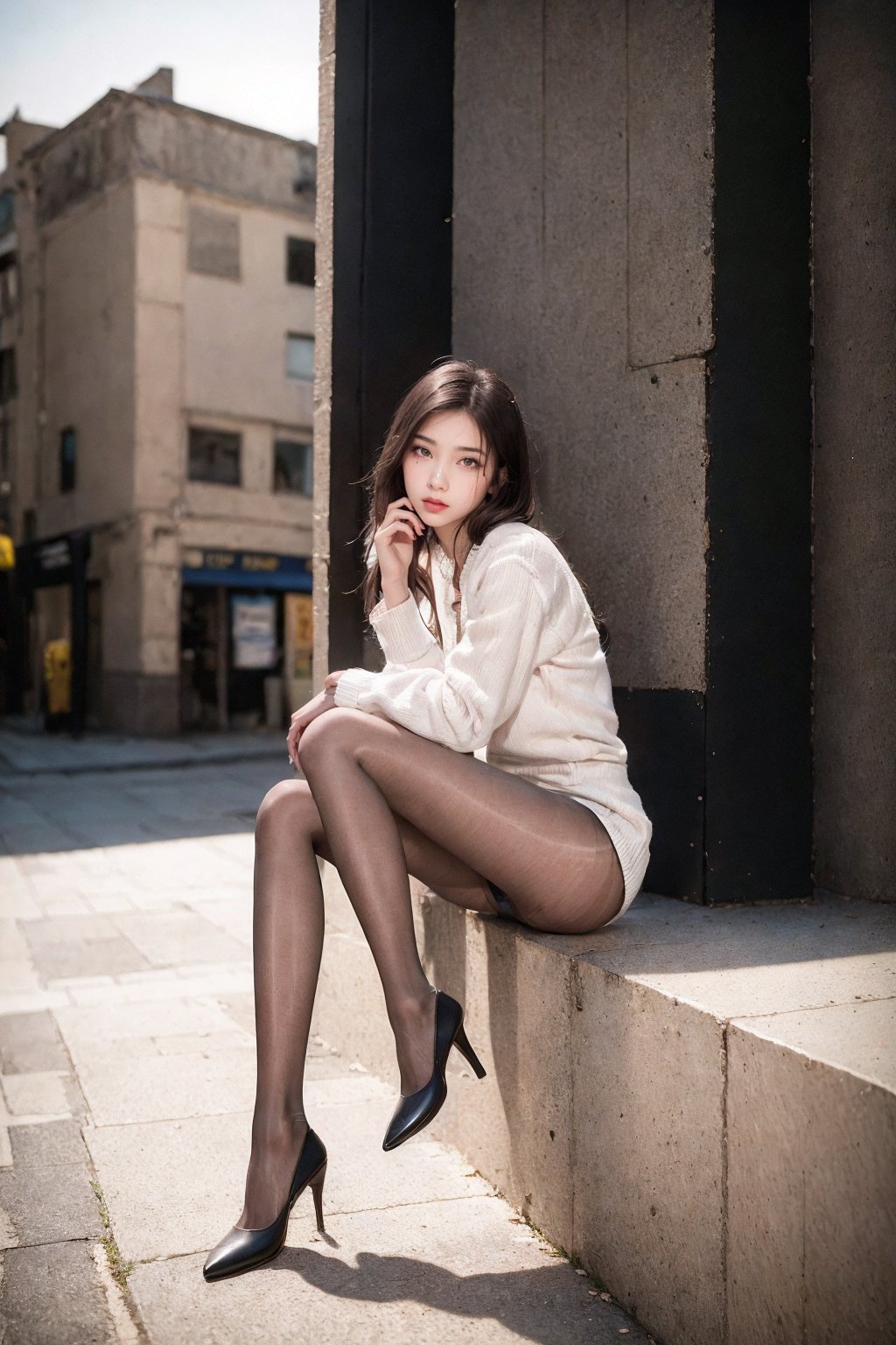 (nikon RAW photo, 8k, Fujifilm XT3), (photorealistic:1.3),1girl, solo, fashion portrait,(black pantyhose), urban street, city, shop, perfect anatomy, slender, realistic, afternoon sun, warm, nostalgia,best quality, exquisite details, high-resolution, 85mm film, timeless elegance. portrait photography, 35mm film, natural blurry  <lora:h2iai_fullshot_v0.1:0.85>  <lora:perfectpantyhose:0.6>  <lora:FilmVelvia:0.4> 