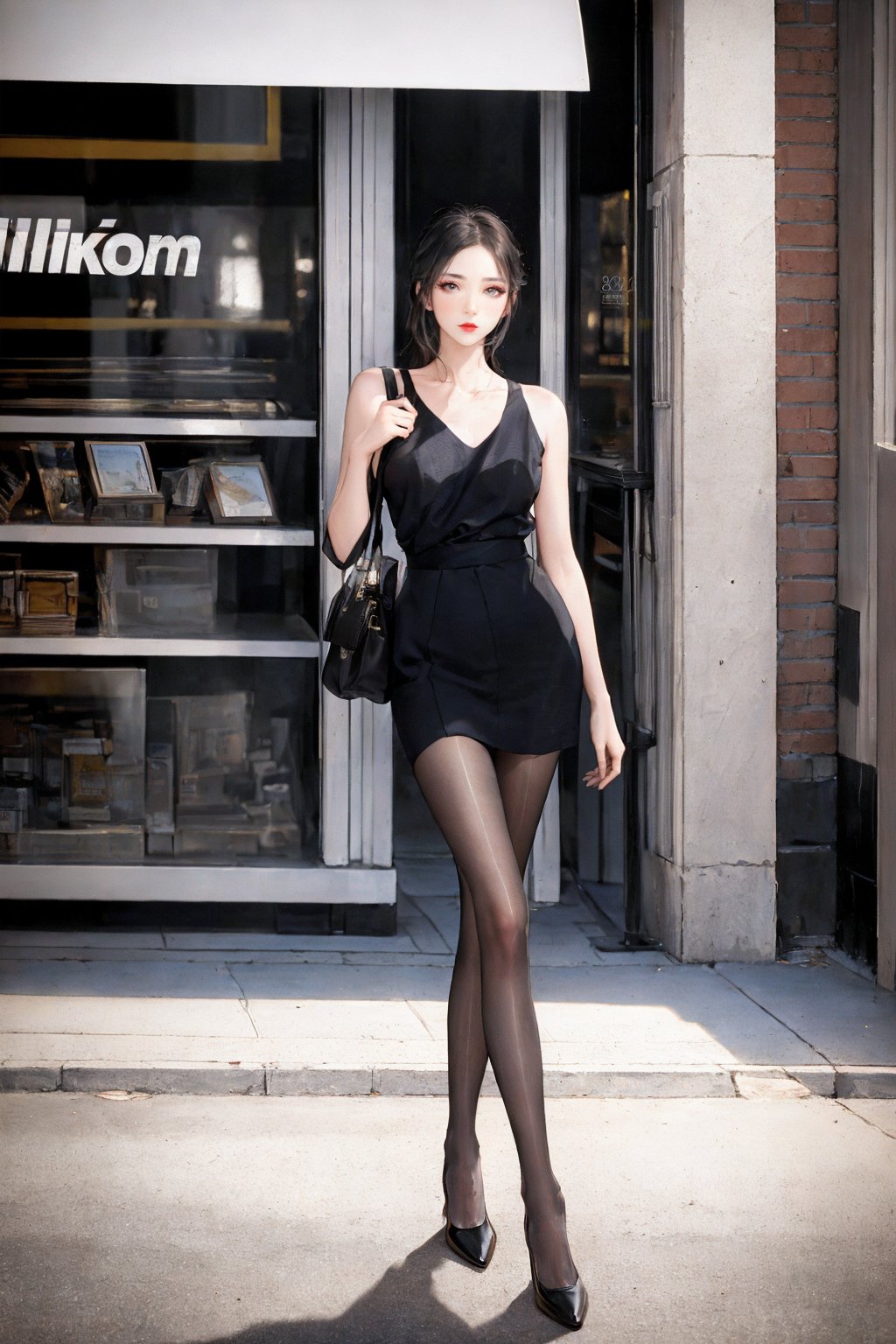 (nikon RAW photo, 8k, Fujifilm XT3), (photorealistic:1.3),1girl, solo, fashion portrait,(black pantyhose), urban street, city, shop, perfect anatomy, slender, realistic, afternoon sun, warm, nostalgia,best quality, exquisite details, high-resolution, 85mm film, timeless elegance. portrait photography, 35mm film, natural blurry  <lora:h2iai_fullshot_v0.1:0.85>  <lora:perfectpantyhose:0.6>  <lora:FilmVelvia:0.4> 