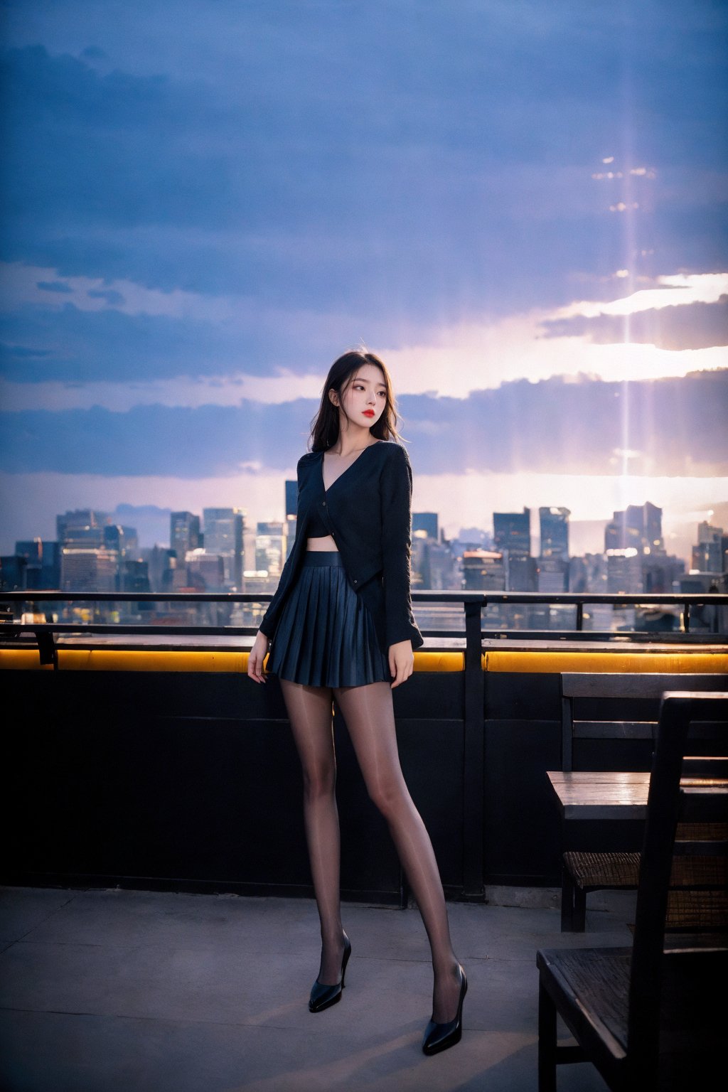 (nikon RAW photo, 8k), (photorealistic:1.3),1girl, full body, solo, fashion portrait, fashionable outfit, stuning dress, pleated skirt,  (black pantyhose), rooftop garden, roofbar, couch, fancy restaurant, table, city background, highrises, skyscraper,cinematic lighting, night view, ((light particles,  light beam)), realistic, morning sun, dynamic, fresh,best quality, exquisite details, high-resolution, 85mm film, timeless elegance. portrait photography, 85mm film, natural blurry  <lora:h2iai_fullshot_v0.1:0.75>  <lora:perfectpantyhose:0.6> 