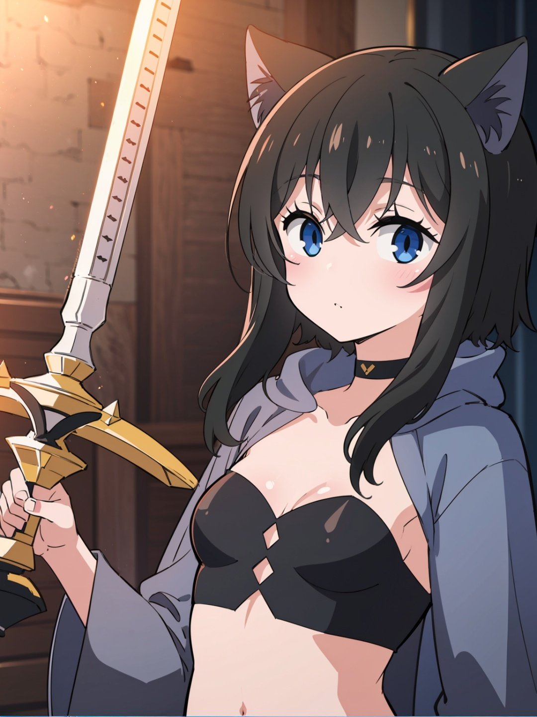 (masterpiece), (best quality),<lora:fulan-000006:0.7>, loli, cat ears, sword, black hair, flat chest, 