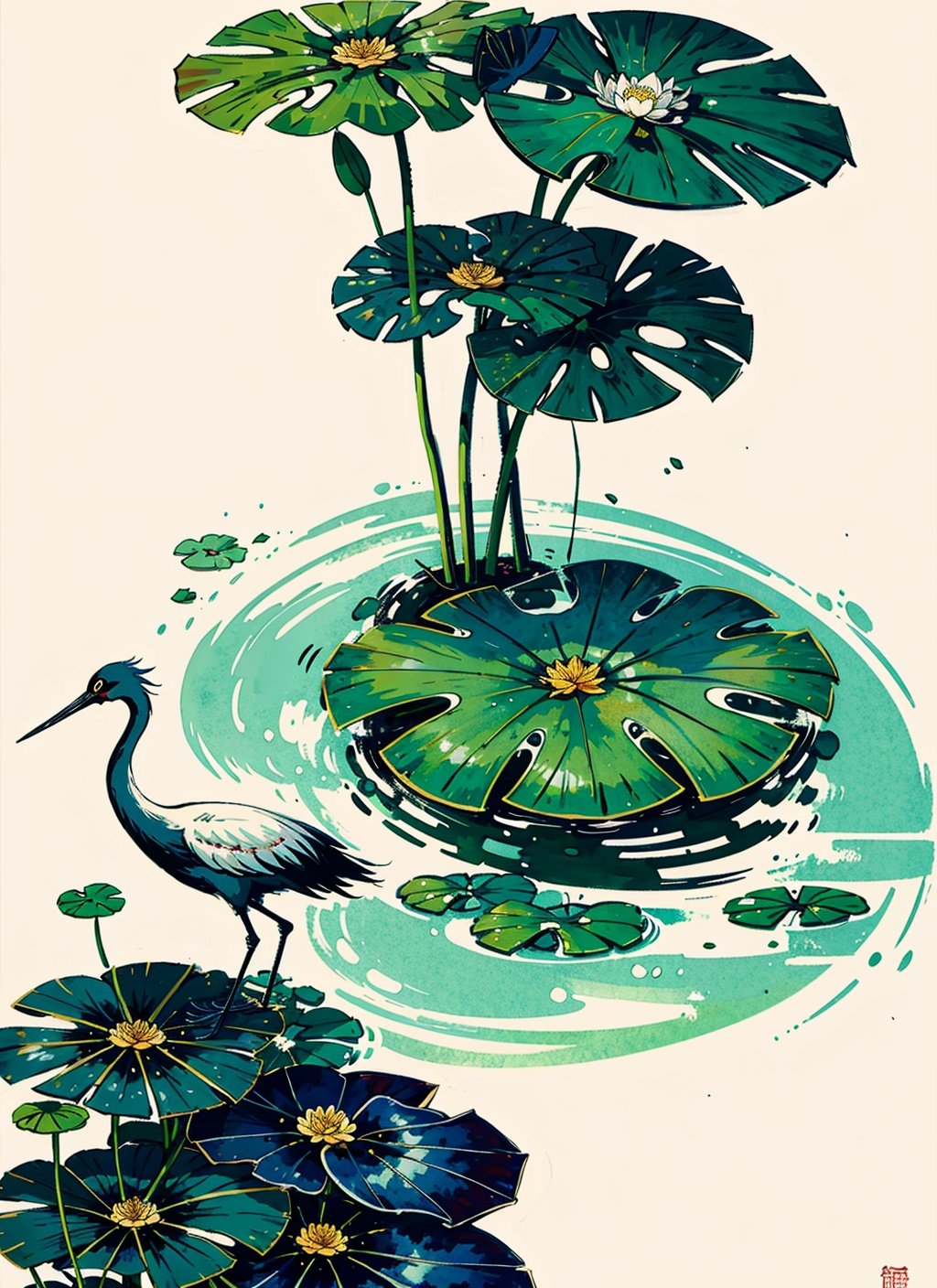 A ink painting of a lotus pond with Chinese writing on it and a crane standing nearby, with a lotus leaf in the foreground, An Zhengwen, organic painting, a minimalist painting, art & language, ink and wash,, 
