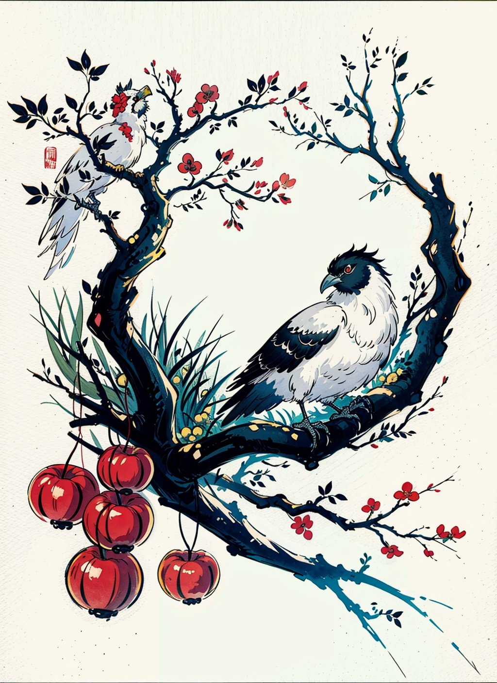 A black and white ink and light color painting, depicting a quiet orchard with Chinese characters written on it, with a pair of nesting birds and a branch full of fruit in the foreground, An Zhengwen, organic painting, Minimalism painting, Art&Language, ink and wash,