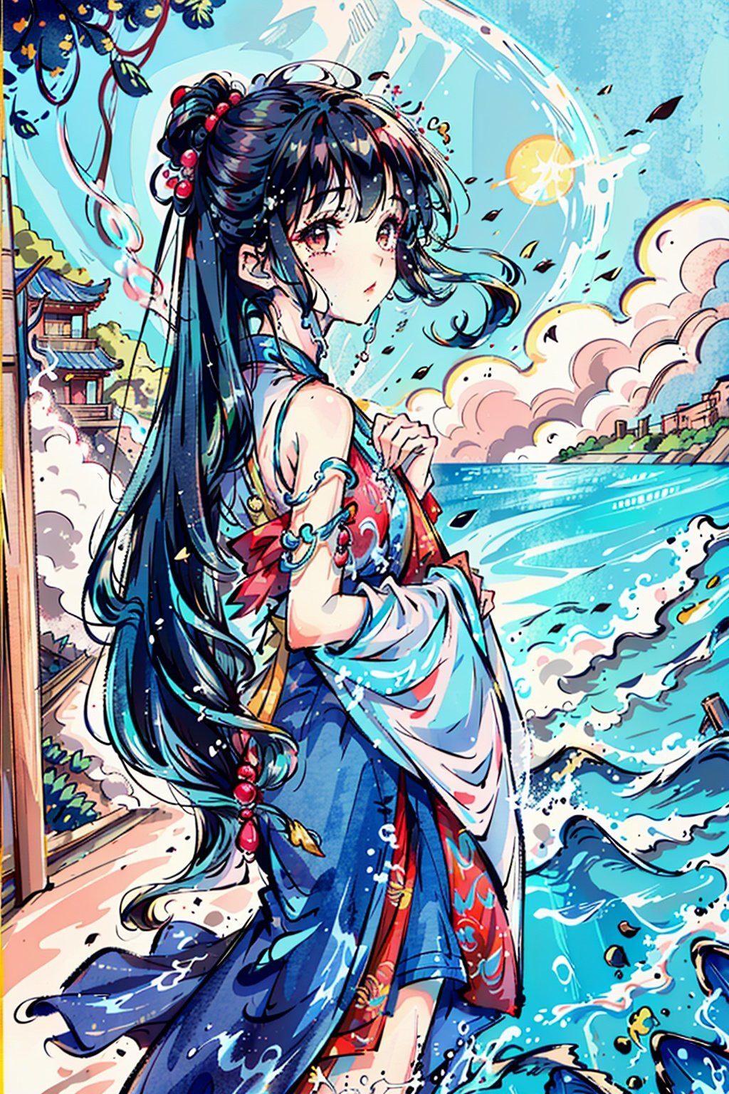 1girl,solo,(light_blue_hair:1.2),(liquid hair:1.5), long hair,floating hair, full body, standing,sundress, liquid clothes, water,waves, tsunami,tide,sea,water dress, (masterpiece),(high quality), best quality, real,(realistic), super detailed, (full detail),(4k),8k,female focus,detailed face,chinese clothing, hanfu,East Asian architecture,scenery,moon,sky,flying birds,waterfall,outdoors,pink hair,short hair, looking at viewer,hand on own chest,blush,(Masterpiece, best quality, very detailed CG, complex details: 1.2),(blue liquid hair:1.2),blue dress,water dress.
