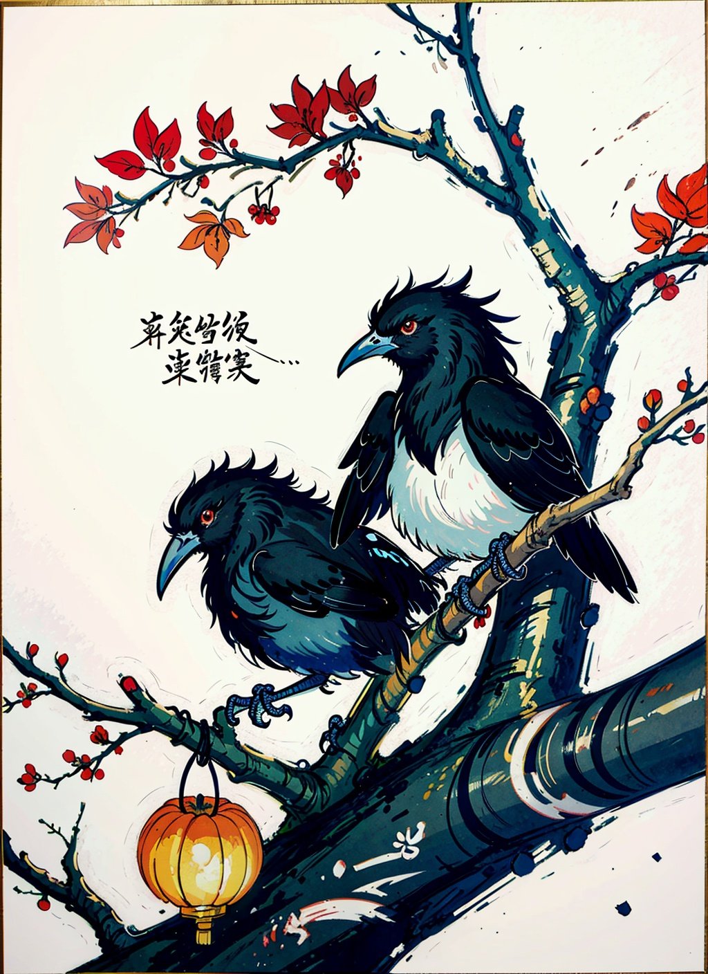 A black and white ink and light color painting, depicting a quiet orchard with Chinese characters written on it, with a pair of nesting birds and a branch full of fruit in the foreground, An Zhengwen, organic painting, Minimalism painting, Art&Language, ink and wash,