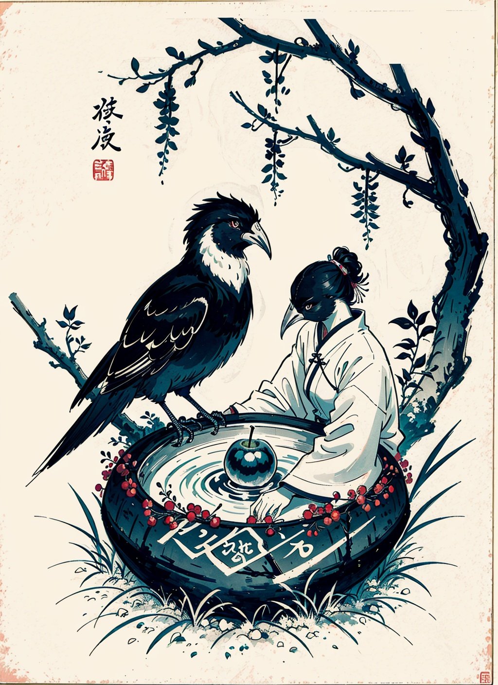 A black and white ink painting of a tranquil orchard with Chinese writing on it and a pair of birds building their nest, with a fruit-laden branch in the foreground, An Zhengwen, organic painting, a minimalist painting, art & language, ink and wash,, 
