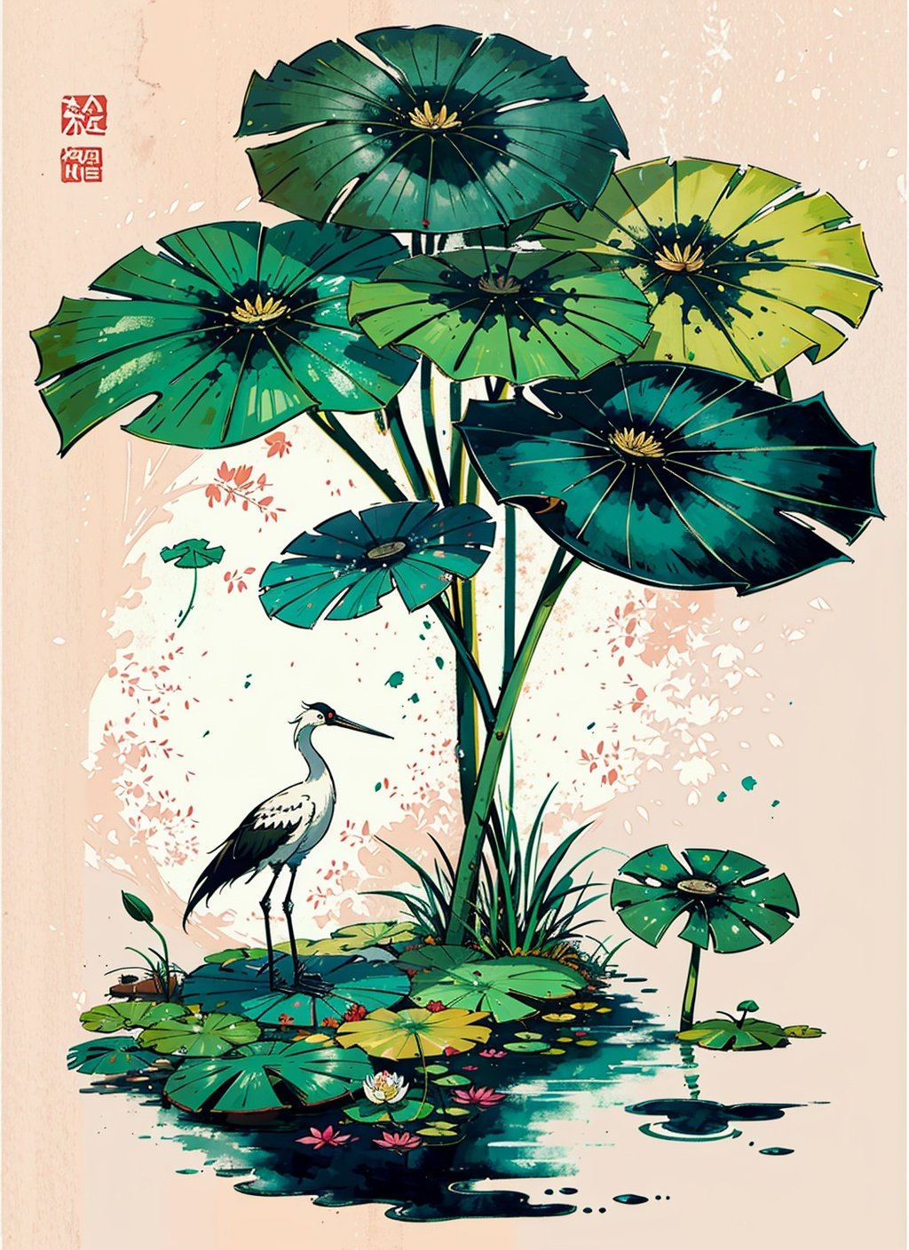 A ink painting of a lotus pond with Chinese writing on it and a crane standing nearby, with a lotus leaf in the foreground, An Zhengwen, organic painting, a minimalist painting, art & language, ink and wash,, 
