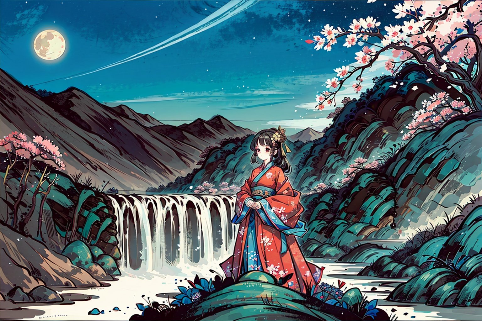 1 girl,solo,full body,female focus,detailed face,chinese clothing, hanfu,scenery,moon,sky, flying birds,waterfall,peach blossom,outdoors, Fisheyes, masterpiece, top quality, best quality, official art, beautiful and aesthetic, animation, ,.