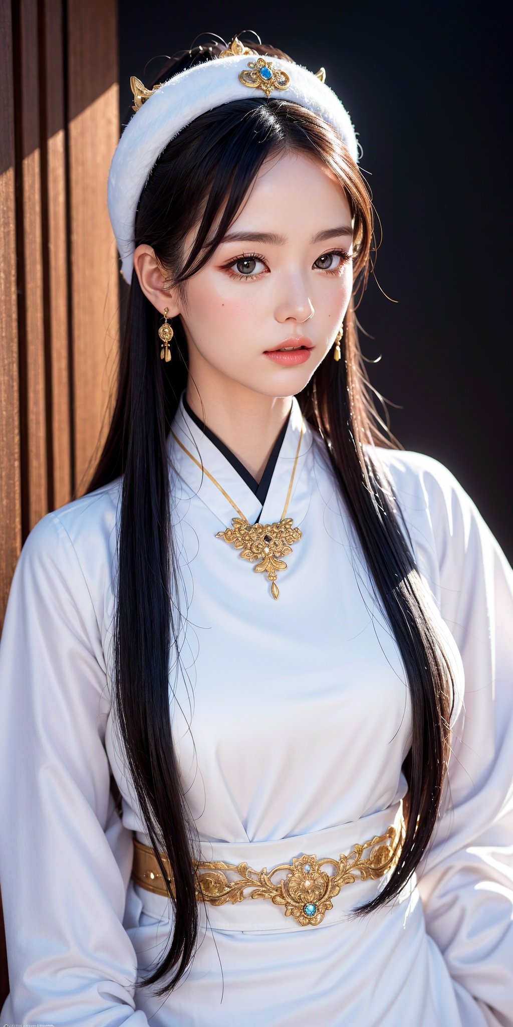 Black hair, long hair, straight hair, high ponytail, gorgeous headwear, black eyes, upper body vertical painting, illustrations, immortal white black Hanfu, flowing thin gauze, ancient Chinese style, fairyland moonlit night, precious jewelry, long sword, (huge white tiger), white tiger, the best quality, original, very detailed, masterpiece, very detailed, CG, 8k, exquisite face, fine hair, beautiful, gorgeous, noble, Mu Xia, Wide robe with large sleeves, divinity, masterpiece, classical temperament, Chinoiserie style