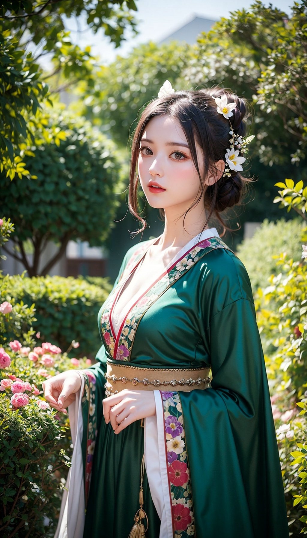 ru_qun,best_quality,topknot,chignon,head,original_outfit,hanfu,clear details,masterpiece, best_quality, clear details,1girl,other,garden,butterfly,cowboy shot,black hair,hair flower,green dress, many flowers, Poster, dynamic, super detail, Searle shadow, art, title, logo, label, badge, 4k detail post-processing, atmospheric, super realistic, 8k, epic composition, complex details