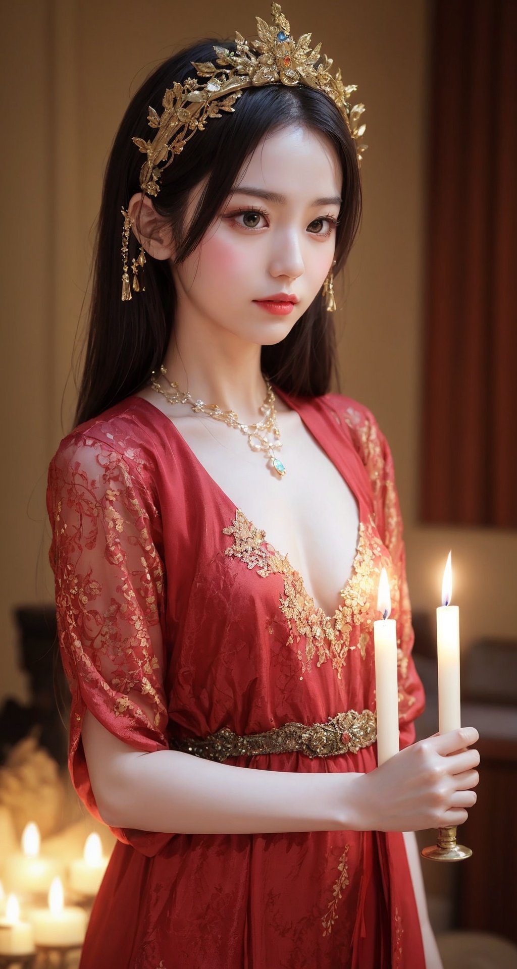 Maiden, Hanfu, black hair, hair knot, hair accessories, jewelry, delicate countenance, red dress, golden pattern, Phoenix Crown Xia Pei, red wedding dress, wedding, jubilation, delicate skin, soft and luminous effect, delicate and supple hair, delicate details, eye highlight, white skin, delicate depiction, extreme details, film quality, charming, thin, lovely, fine, clever, shy, Black eyes, indoor, candle, candlelight, romantic, warm,