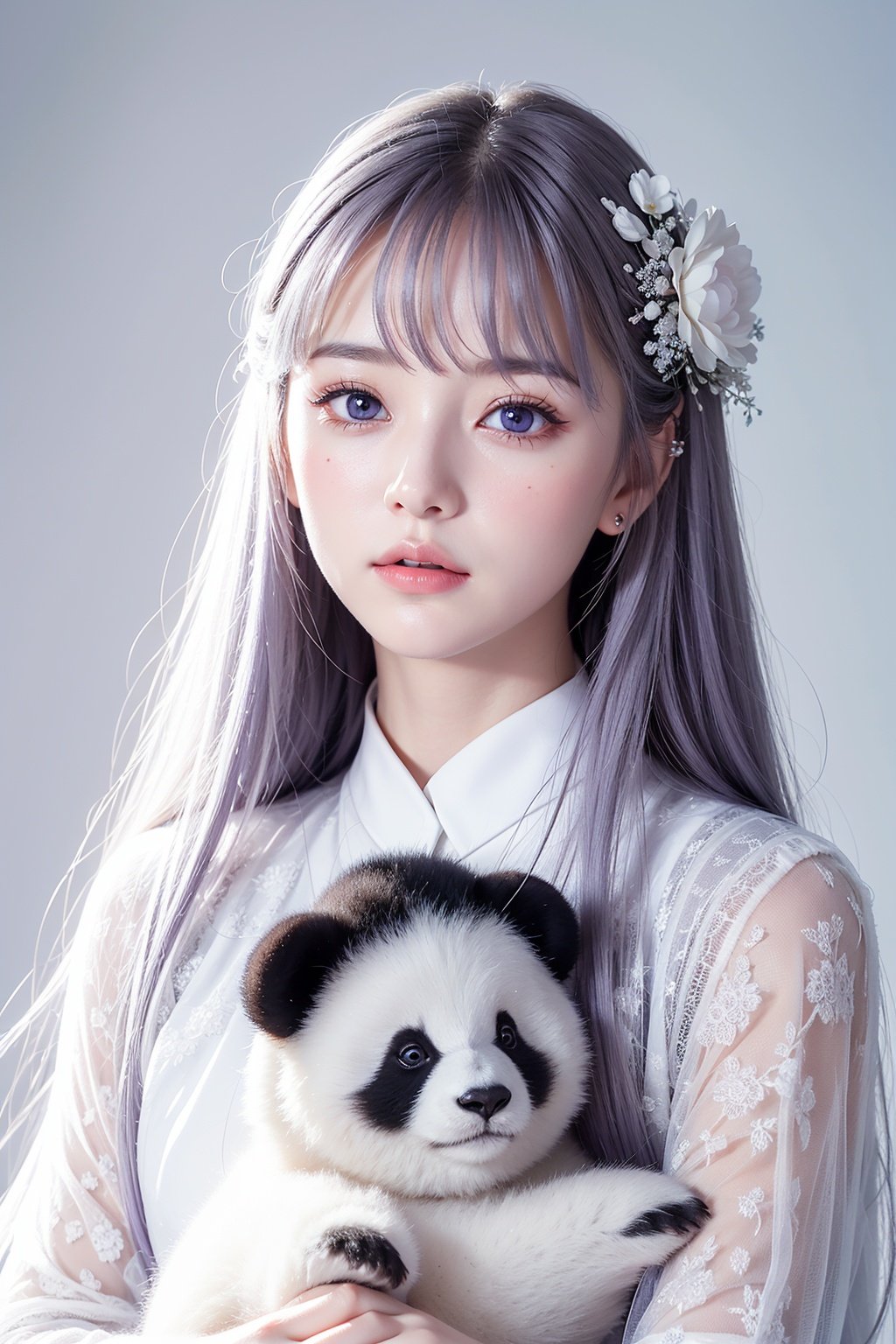 A representative photo of a Russian girl, ethereal beauty, dreamlike, (delicate face: 1.2), gray hair, purple eyes, (crossed bangs: 1.1), (blooming eyes: 1.2). Deep sea, floating foam, melancholy expression, drooping eyelids, right light, holding a panda in his arms,