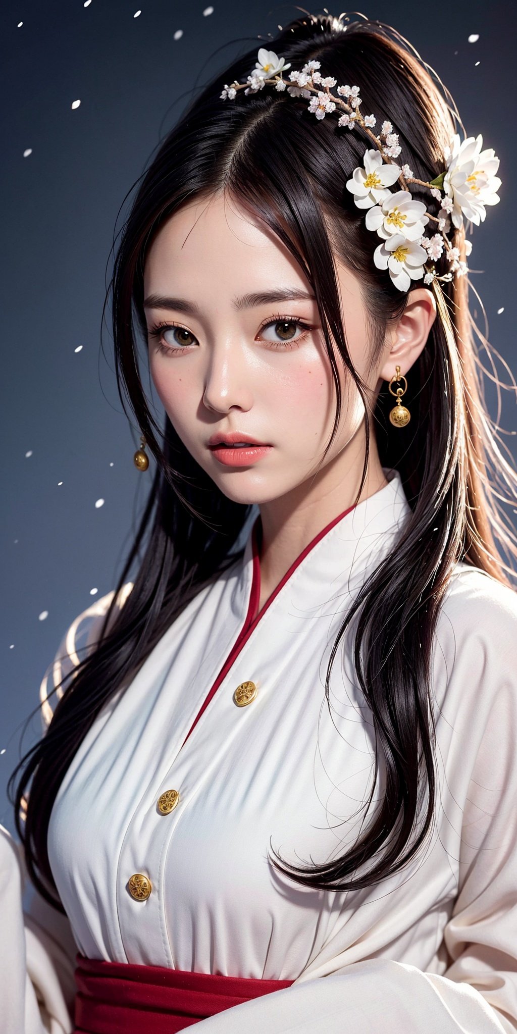 Black hair, long hair, high ponytail, black eyes, handsome, upper body vertical painting, illustration, Hanfu, ancient Chinese style, snowy night, precious jewelry, ancient long sword, the best quality, original, very detailed, masterpiece, very detailed, CG, 8k, exquisite face, fine hair, atmospheric, Mu Xia, wide robe and large sleeves, divine, masterpiece, classical temperament, immortal Xia, gentle as jade ancient sword, snowy night, wax plum, Plum Blossom, Branch, Snow, Best Quality, Original, Very Detailed, Masterpiece, Very Detailed, CG, 8k, Exquisite Face, Fine Hair, Magnificent, Muxia, Wide Robed and Sleeved, Divine, Masterpiece, Classical Style, Immortal Hero,