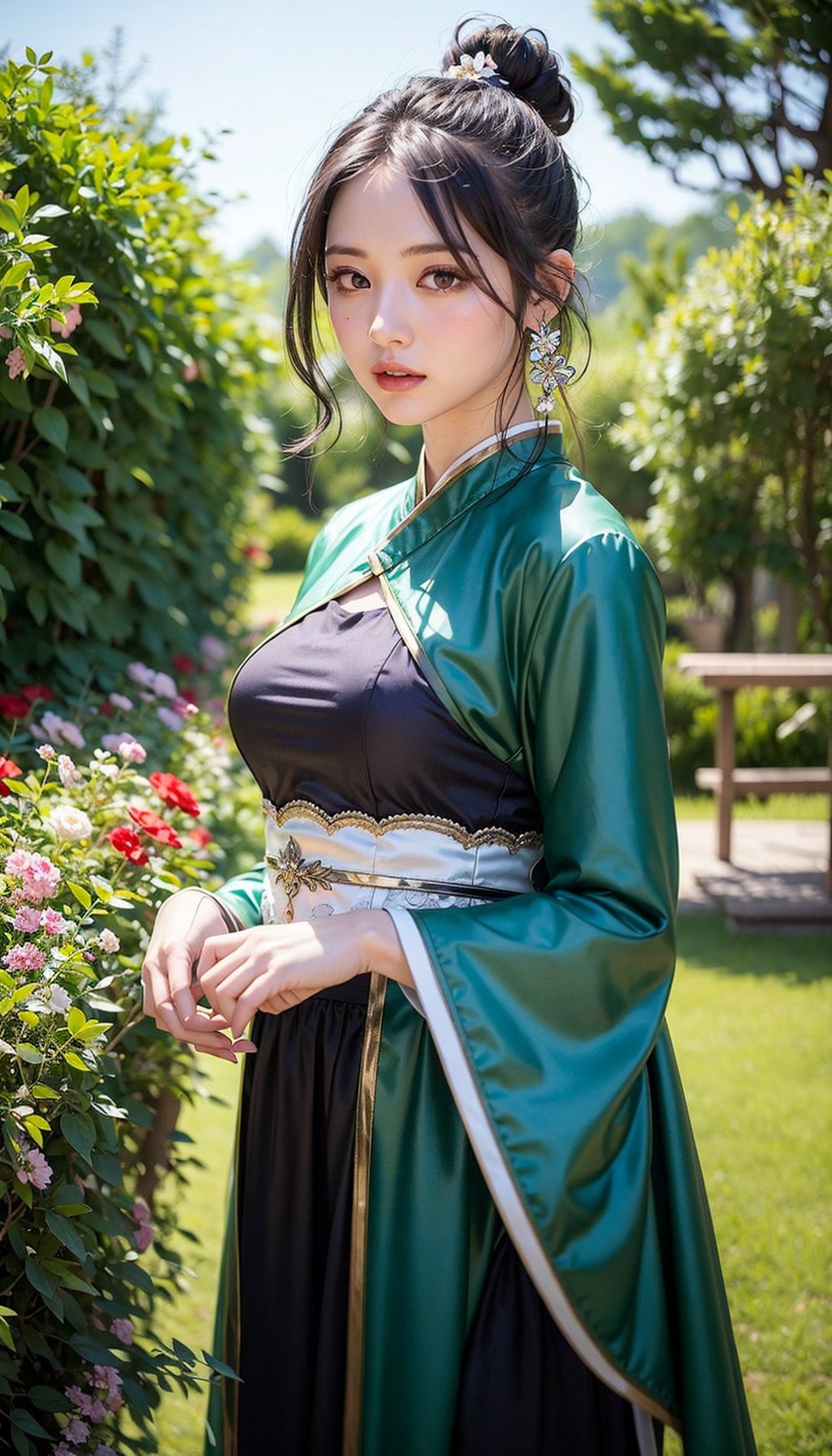 ru_qun,best_quality,topknot,chignon,head,original_outfit,hanfu,clear details,masterpiece, best_quality, clear details,1girl,other,garden,butterfly,cowboy shot,black hair,hair flower,green dress, many flowers, Poster, dynamic, super detail, Searle shadow, art, title, logo, label, badge, 4k detail post-processing, atmospheric, super realistic, 8k, epic composition, complex details