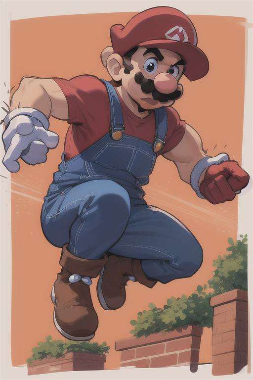 <lora:SuperMario:0.4>1man supermario in overalls and a red tshirt, mustache, jumping on bricks