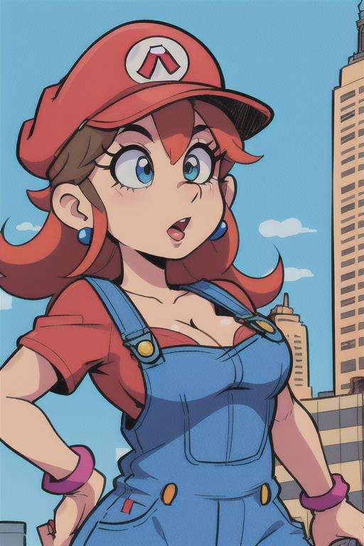 <lora:SuperMario:0.4>1girl as supermario in blue overalls and a red tshirt,  running in new york city, skyscrapers, hat, 80's anime style, cleavage