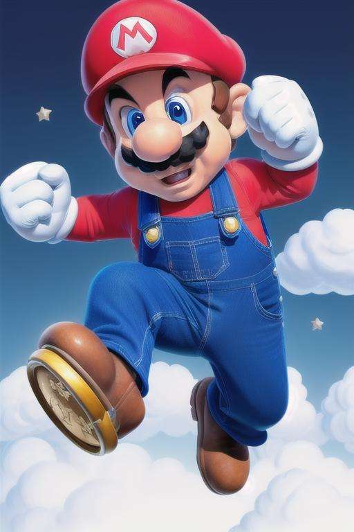 <lora:SuperMario:0.4>SuperMario wearing overalls and holding coins in his hand, jumping in the clouds, with a mustache, red tshirt