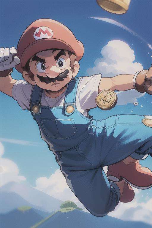 <lora:SuperMario:0.4>SuperMario wearing overalls and holding coins in his hand, jumping in the clouds, with a mustache