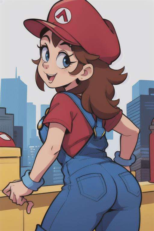 <lora:SuperMario:0.4>1girl as supermario in blue overalls and a red tshirt,  running in new york city, skyscrapers, hat, 80's anime style, from behind, brown hair