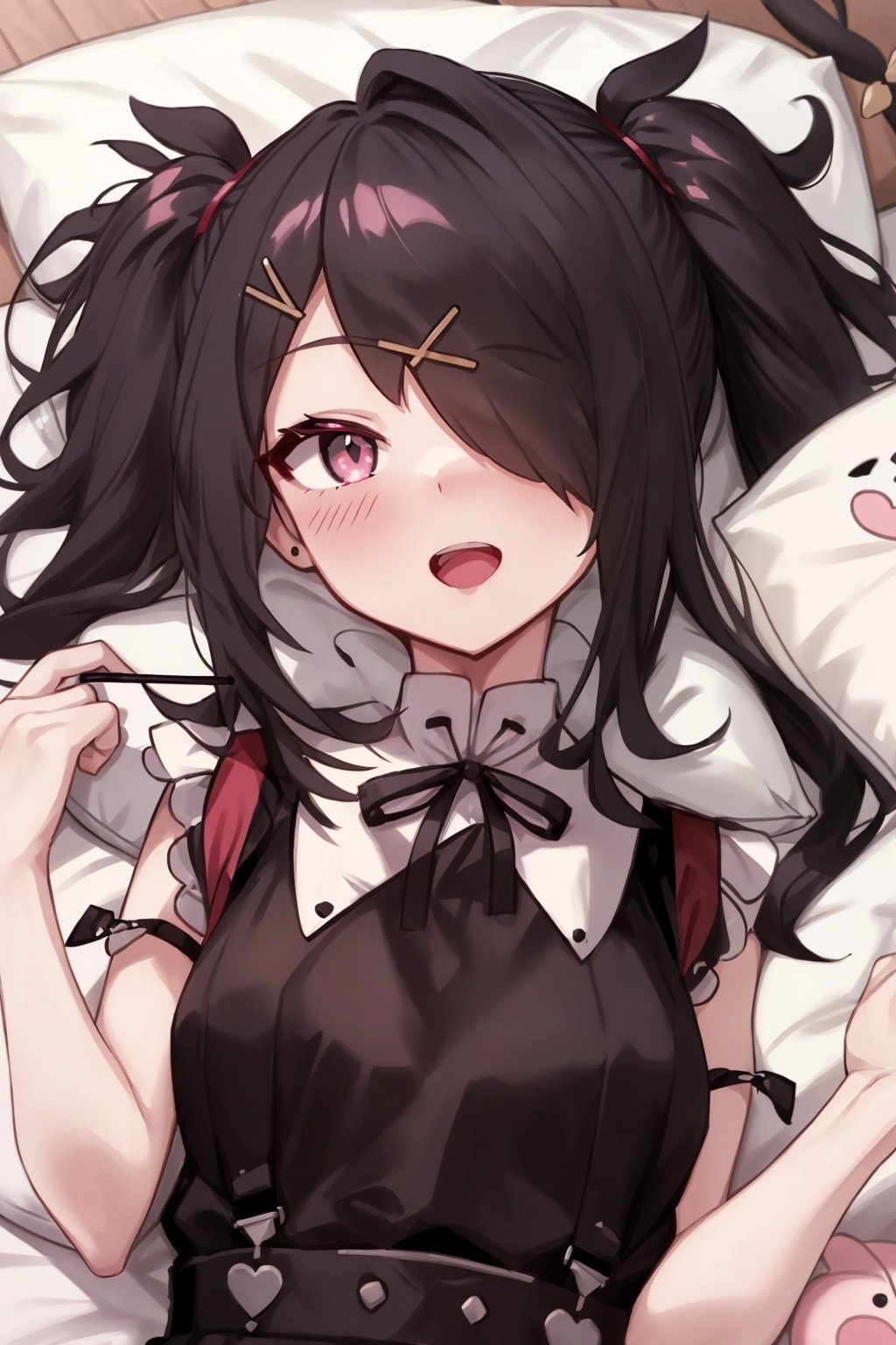 Needy Girl Overdose,Ame-chan,1girl,lying,twintails,phone,black hair,on back,hair ornament,solo,cellphone,hair over one eye,smartphone,x hair ornament,open mouth,pillow,looking at viewer,suspenders,headphones,ribbon,upper body,holding,blush,<lora:Wss-000008:0.8>,