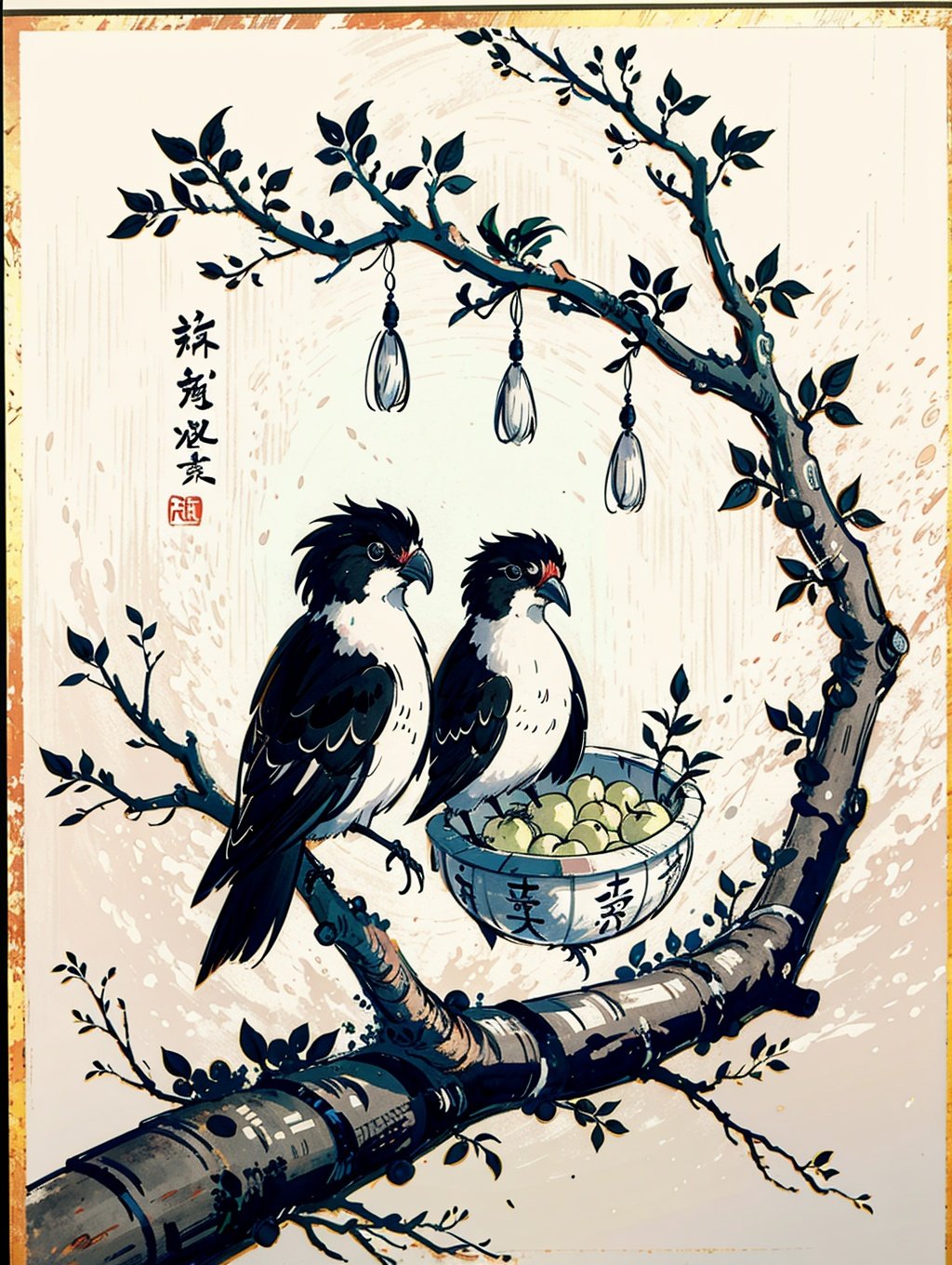 A black and white ink painting of a tranquil orchard with Chinese writing on it and a pair of birds building their nest, with a fruit-laden branch in the foreground, An Zhengwen, organic painting, a minimalist painting, art & language, ink and wash,