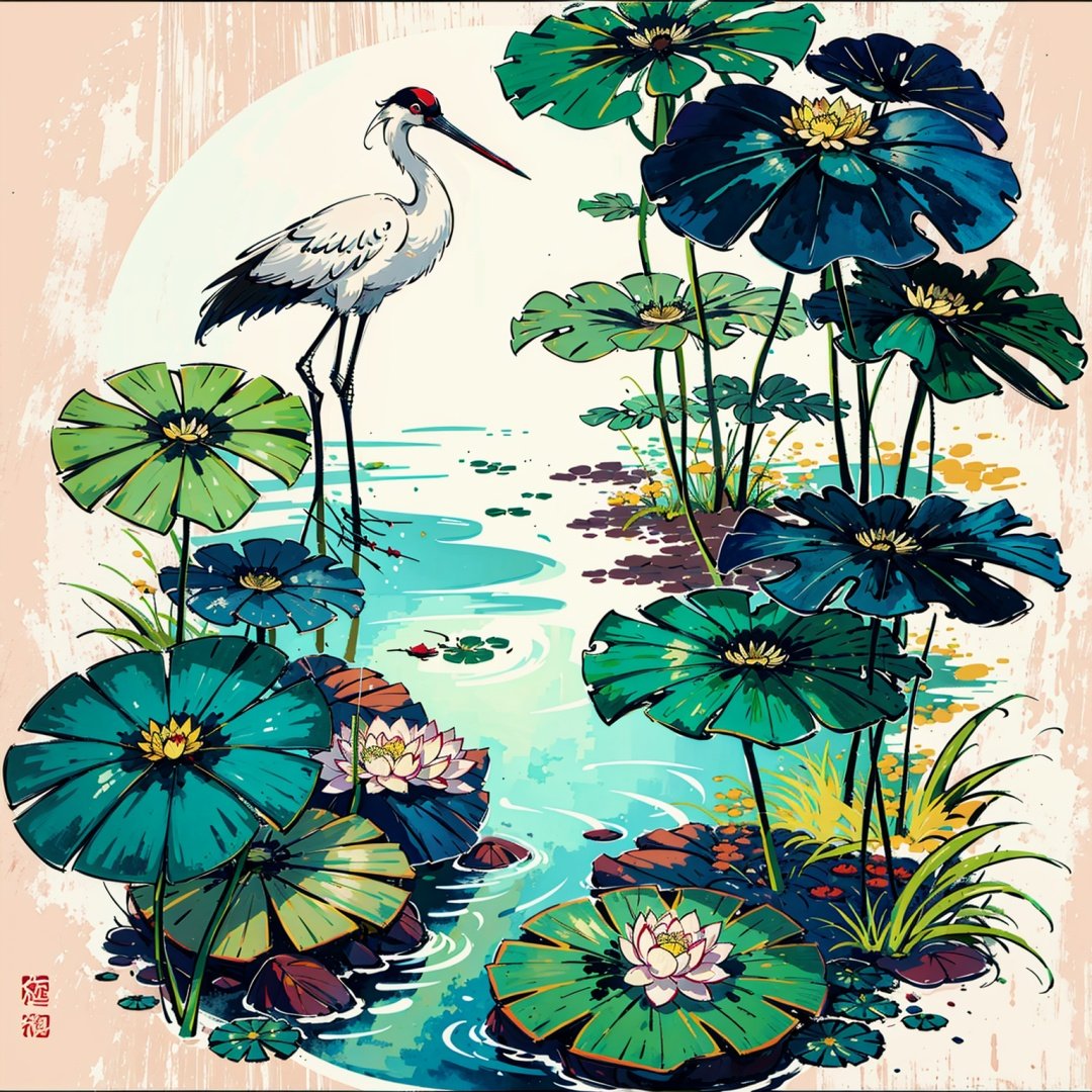 A ink painting of a lotus pond with Chinese writing on it and a crane standing nearby, with a lotus leaf in the foreground, An Zhengwen, organic painting, a minimalist painting, art & language, ink and wash,