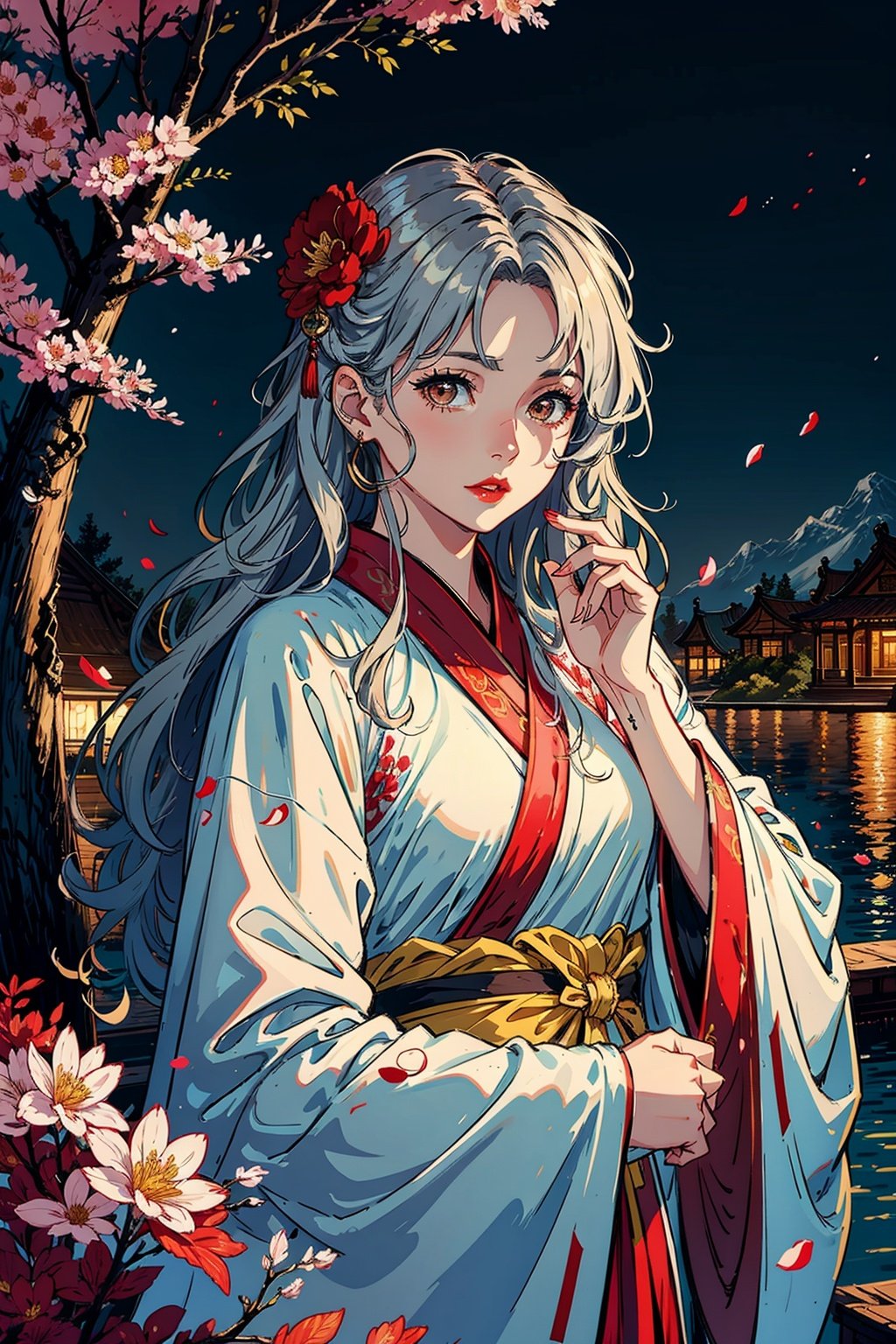 Masterpiece, best quality, very detailed, detailed background, detailed face, 1 girl, [silver hair], [brown eyes], [straight | wavy hair], (messy hair, fluffy hair, long hair: 1.1), landscape, atmospheric lighting, light, sparks, red lips, Hanfu, Chinese clothing, flowers, jewelry, petals, wide sleeves, shining,