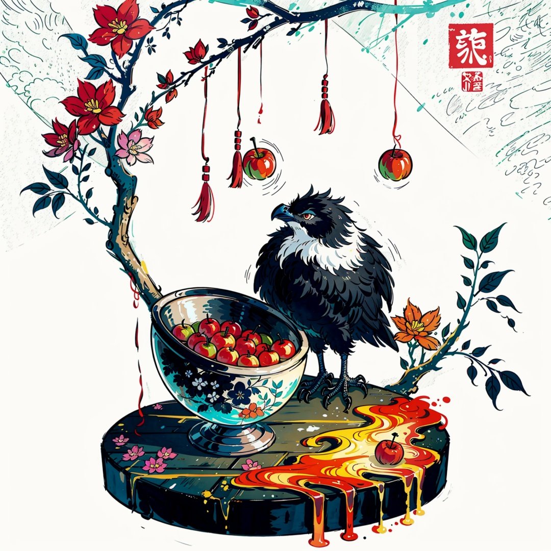 A black and white ink and light color painting, depicting a quiet orchard with Chinese characters written on it, with a pair of nesting birds and a branch full of fruit in the foreground, An Zhengwen, organic painting, Minimalism painting, Art&Language, ink and wash,