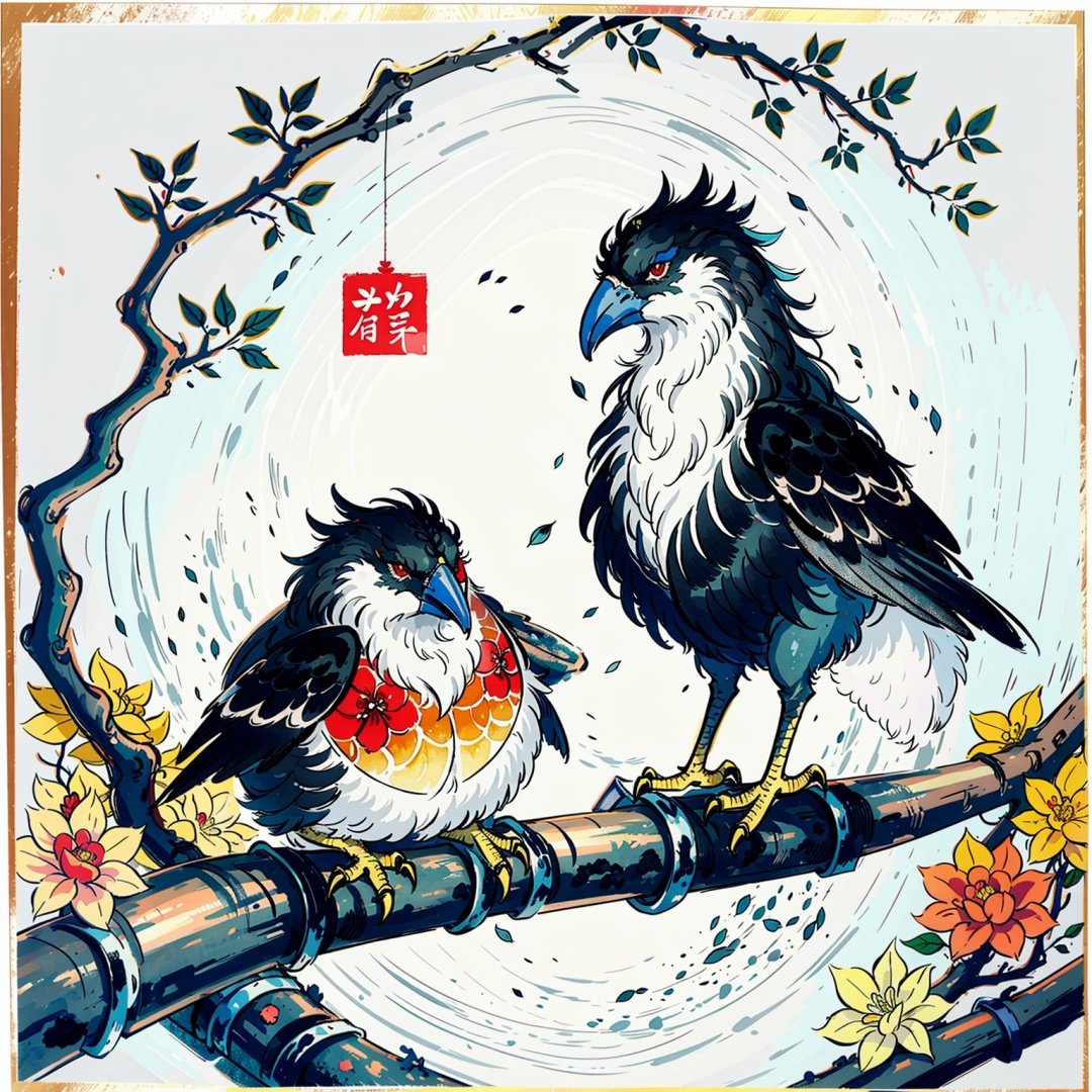 A black and white ink and light color painting, depicting a quiet orchard with Chinese characters written on it, with a pair of nesting birds and a branch full of fruit in the foreground, An Zhengwen, organic painting, Minimalism painting, Art&Language, ink and wash,