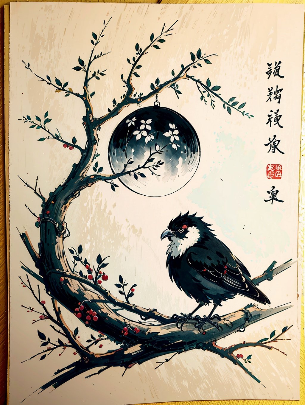 A black and white ink painting of a tranquil orchard with Chinese writing on it and a pair of birds building their nest, with a fruit-laden branch in the foreground, An Zhengwen, organic painting, a minimalist painting, art & language, ink and wash,